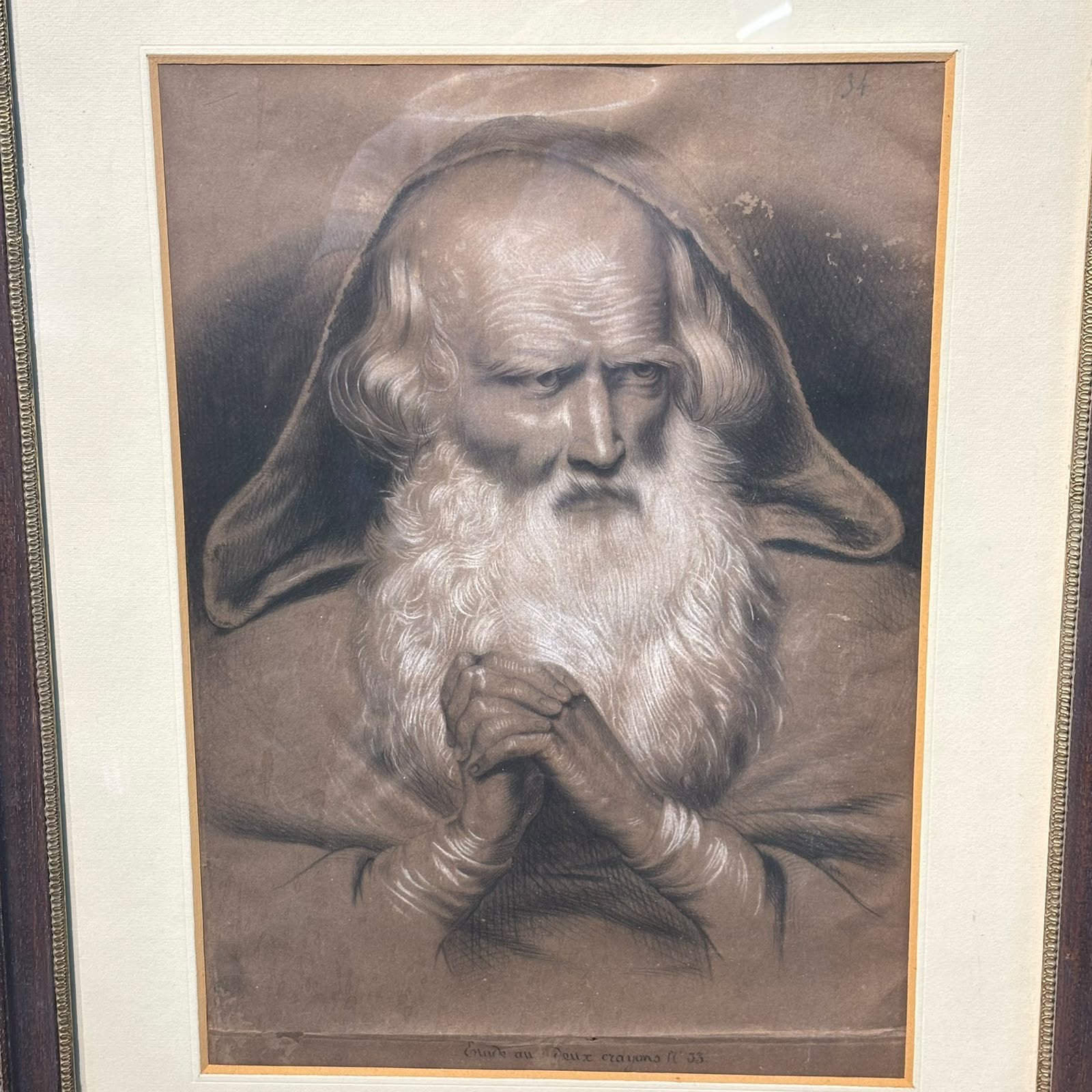 Antico disegno francese con eremita o santo XIX sec, 39x29cm - immagine 7