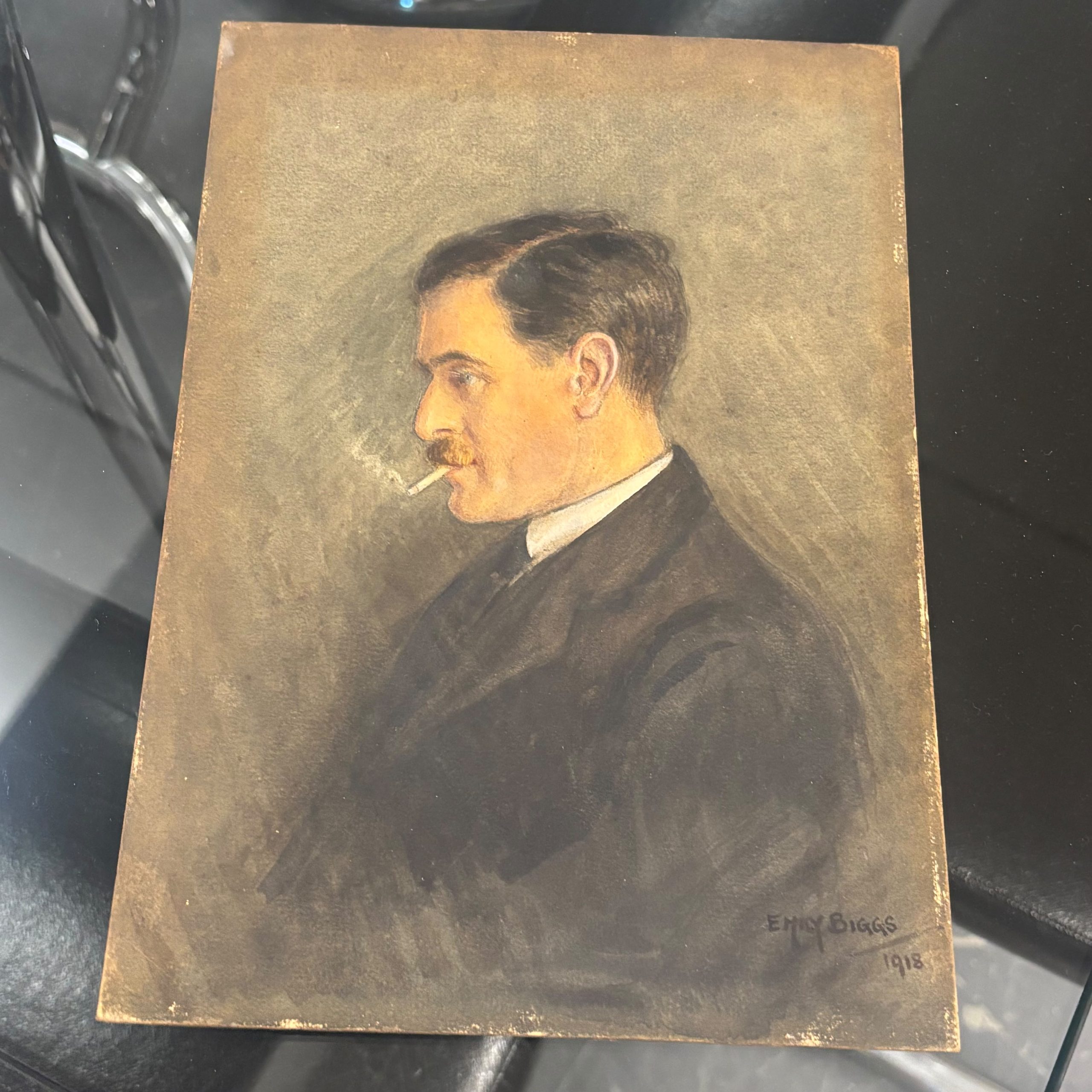 Antico acquarello Biggs 1918 raffigurante personaggio, 25x16cm - immagine 2