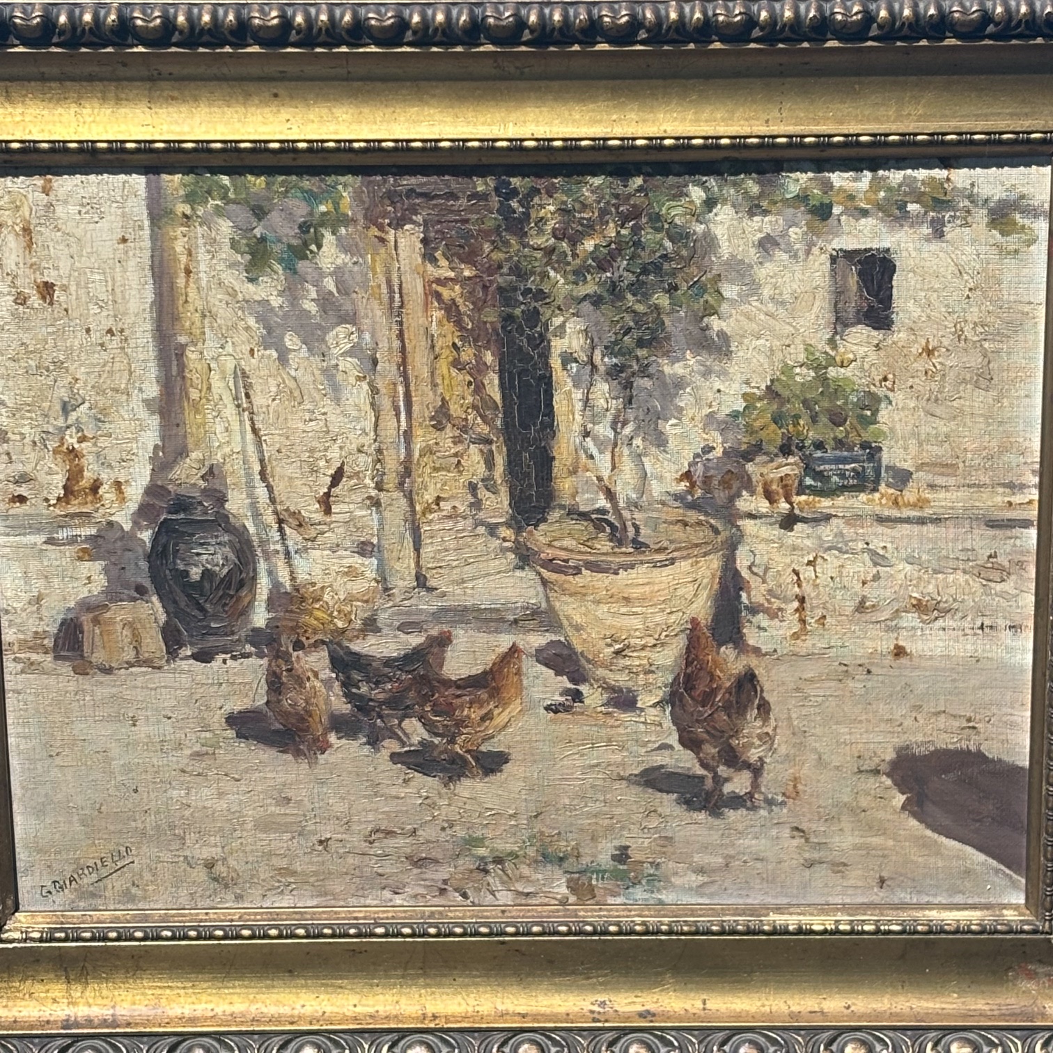 Antico dipinto olio su tela scena popolare di corte primi 900 mis 40 x cm 30 . Giuseppe Giardiello Napoli 1887 -1920. - immagine 2