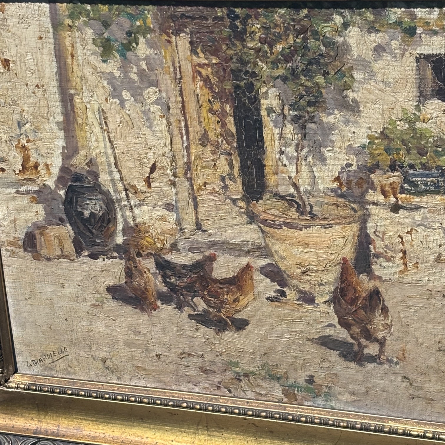 Antico dipinto olio su tela scena popolare di corte primi 900 mis 40 x cm 30 . Giuseppe Giardiello Napoli 1887 -1920. - immagine 3