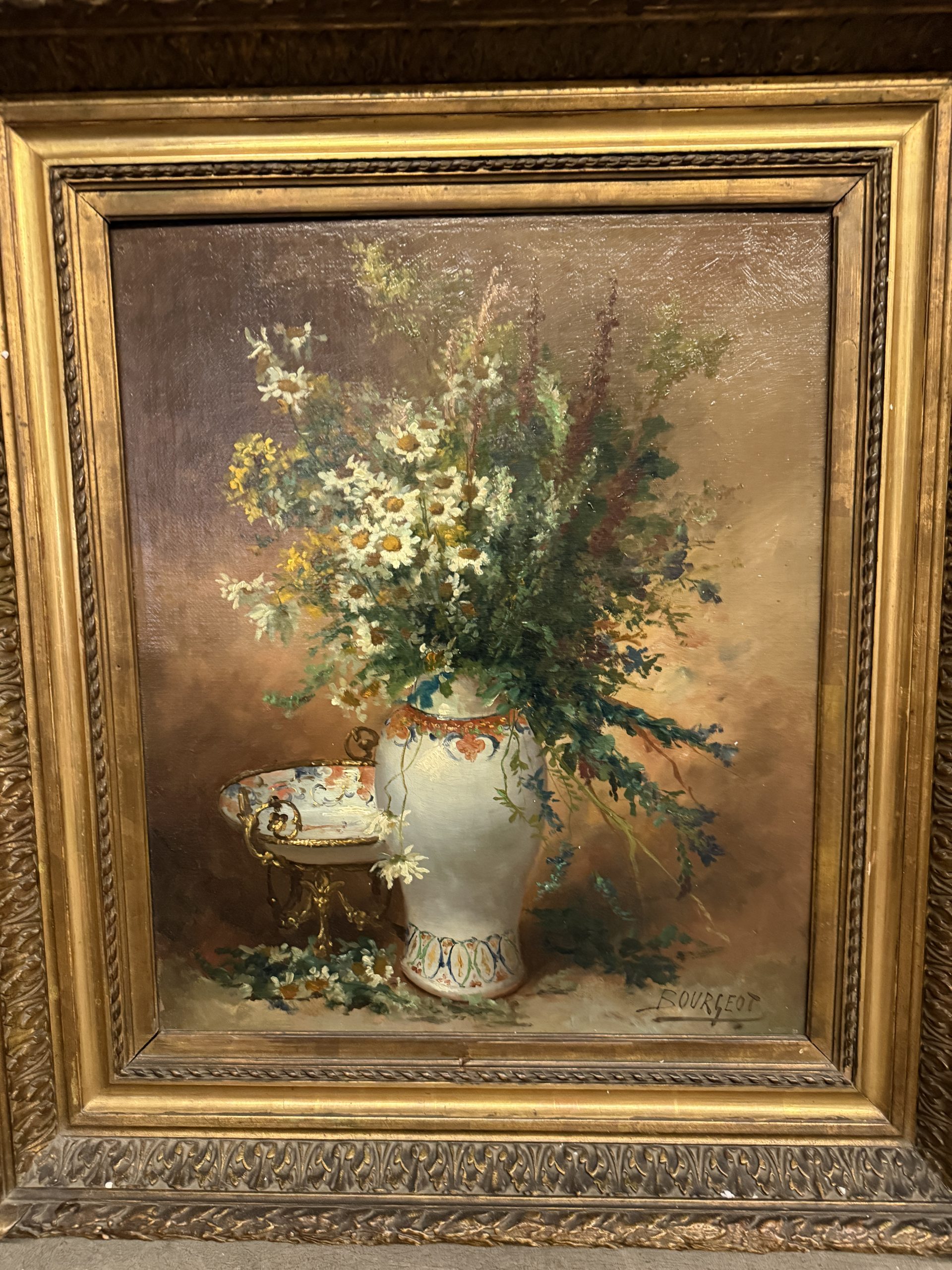 Antico dipinto olio su tela Fiori Francia '900 Buorgeout con cornice , 78x67cm - immagine 3