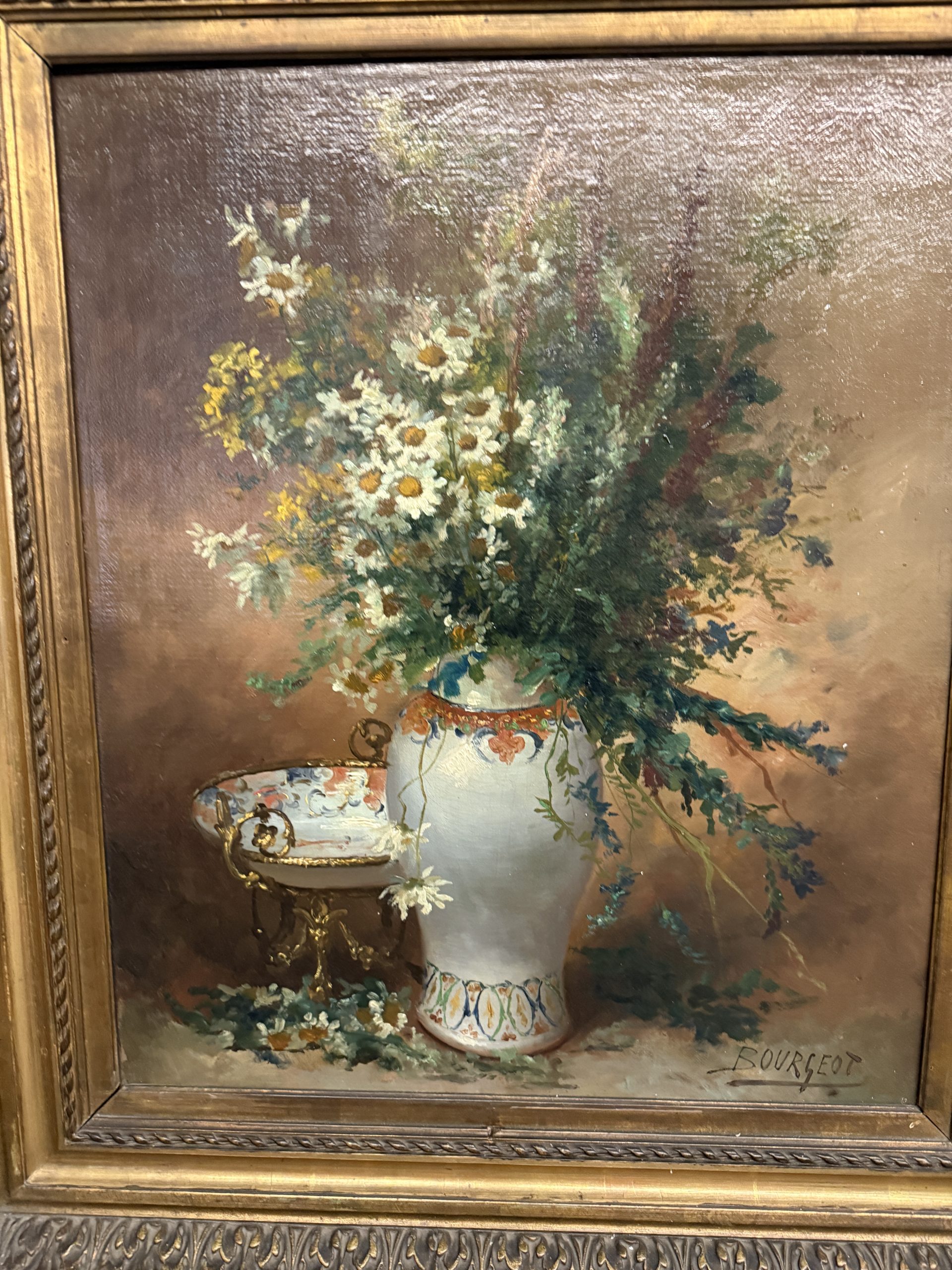 Antico dipinto olio su tela Fiori Francia '900 Buorgeout con cornice , 78x67cm - immagine 4