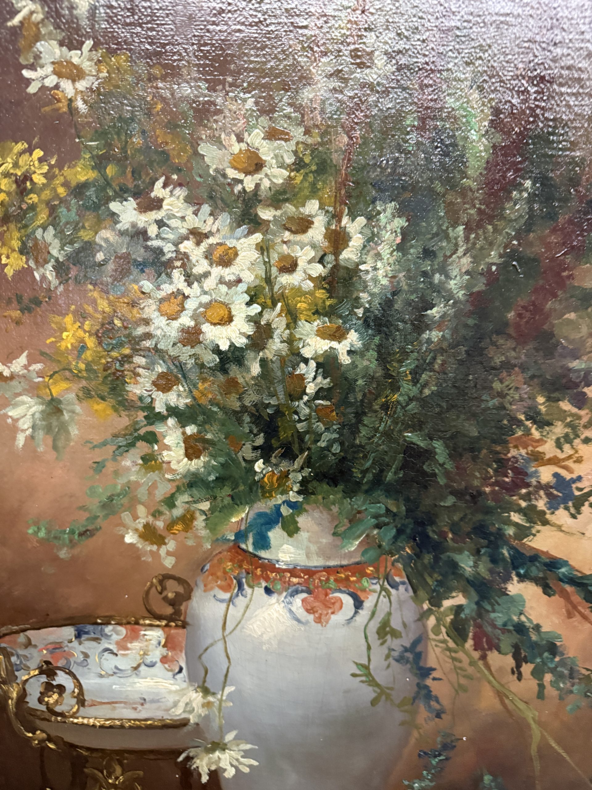 Antico dipinto olio su tela Fiori Francia '900 Buorgeout con cornice , 78x67cm - immagine 5