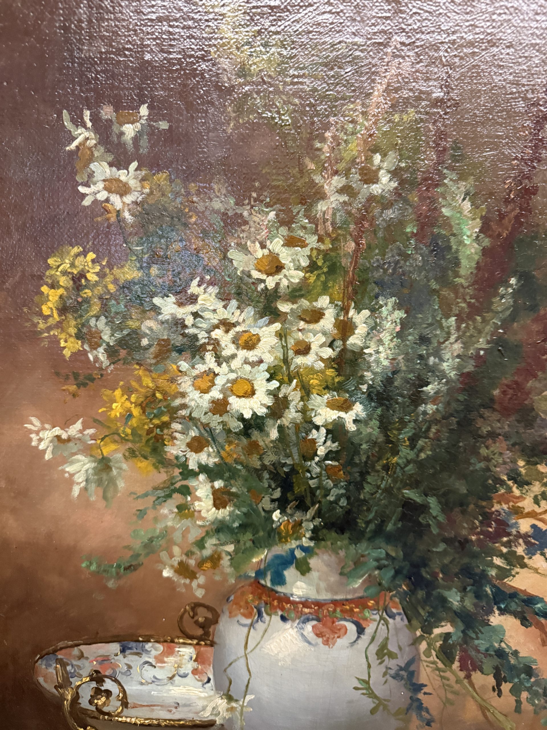 Antico dipinto olio su tela Fiori Francia '900 Buorgeout con cornice , 78x67cm - immagine 6