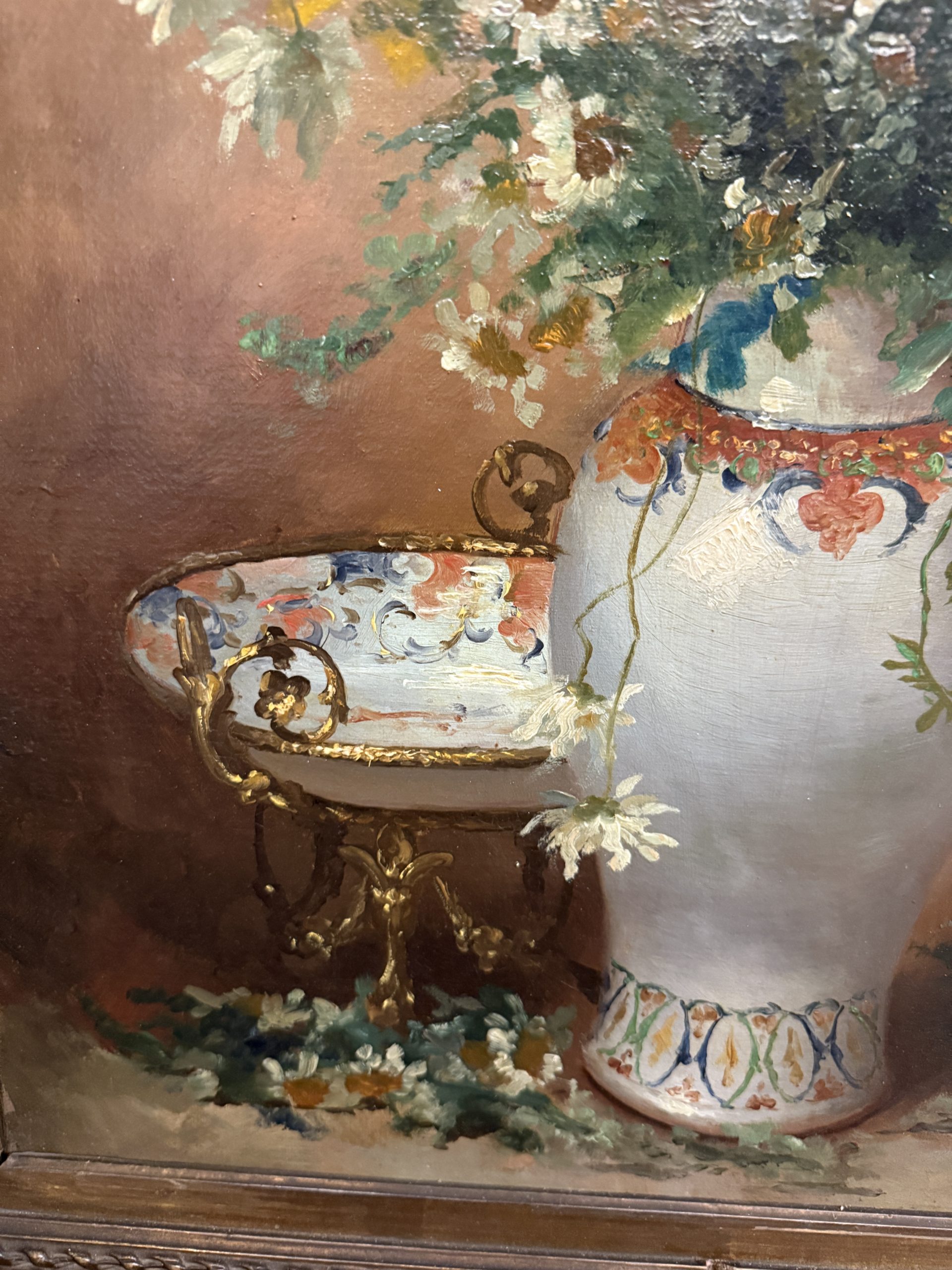 Antico dipinto olio su tela Fiori Francia '900 Buorgeout con cornice , 78x67cm - immagine 7