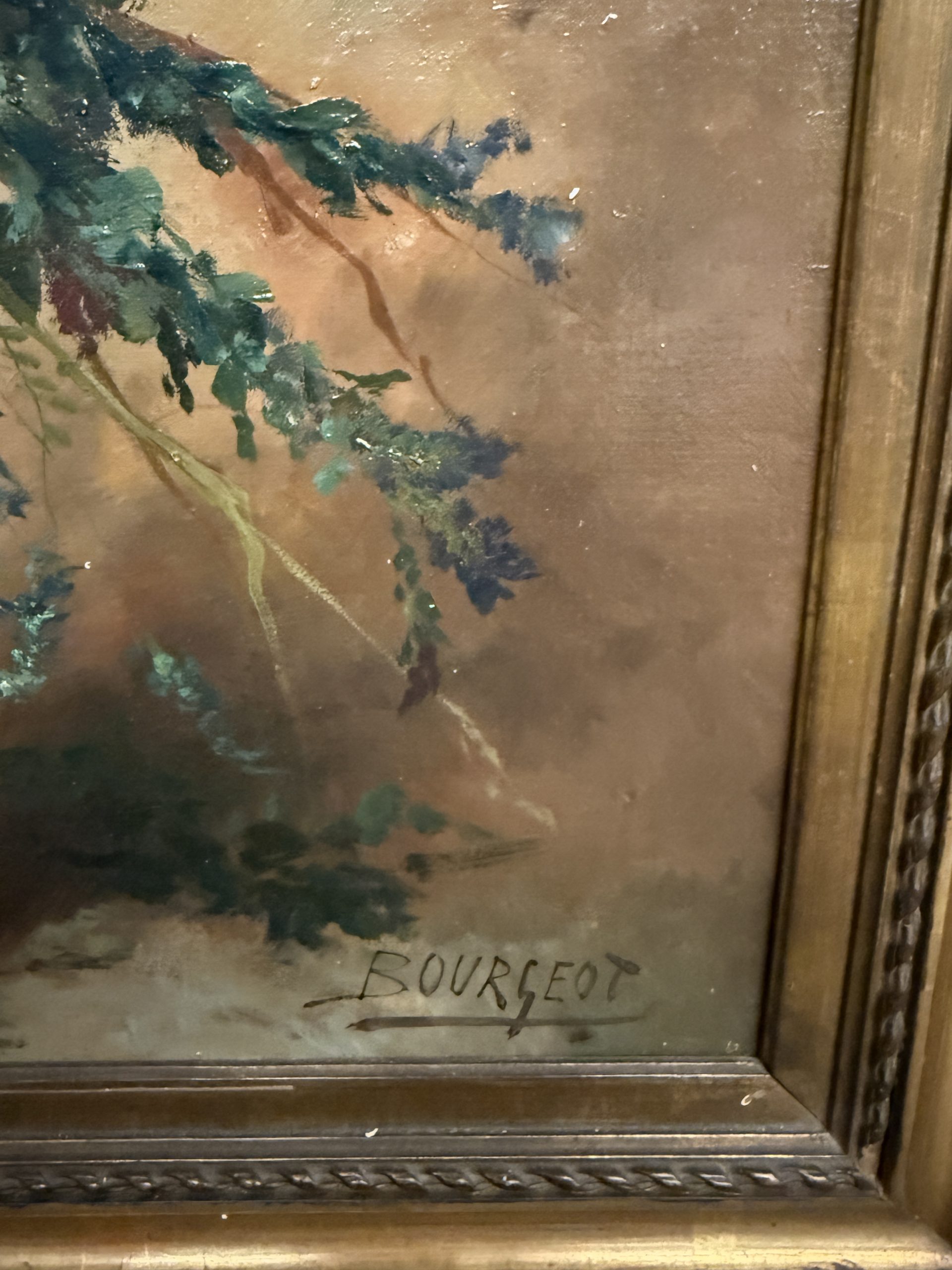 Antico dipinto olio su tela Fiori Francia '900 Buorgeout con cornice , 78x67cm - immagine 8
