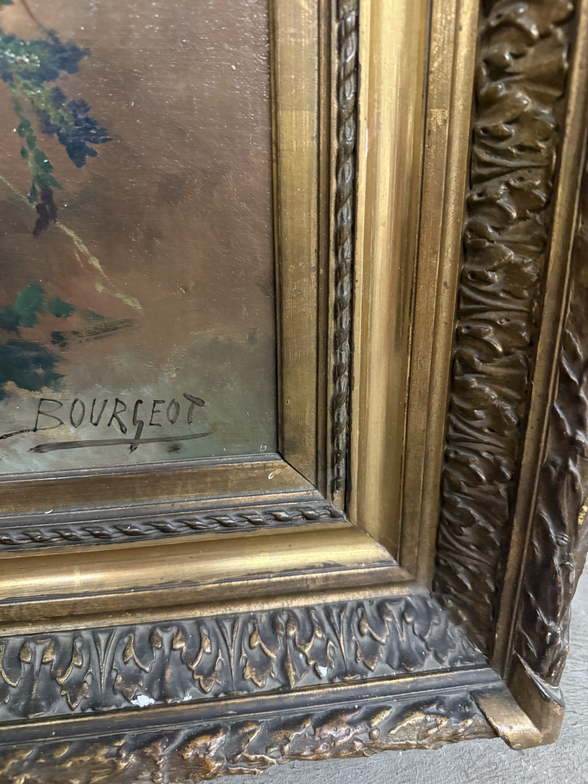 Antico dipinto olio su tela Fiori Francia '900 Buorgeout con cornice , 78x67cm - immagine 9
