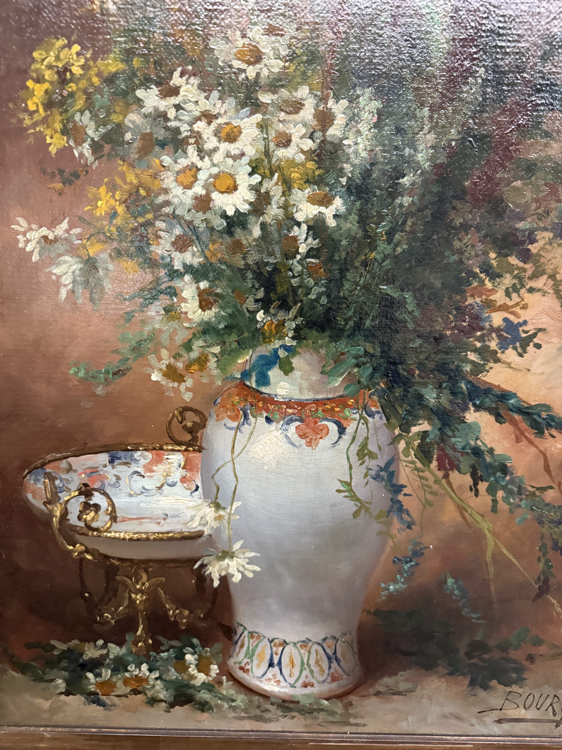 Antico dipinto olio su tela Fiori Francia '900 Buorgeout con cornice , 78x67cm - immagine 10