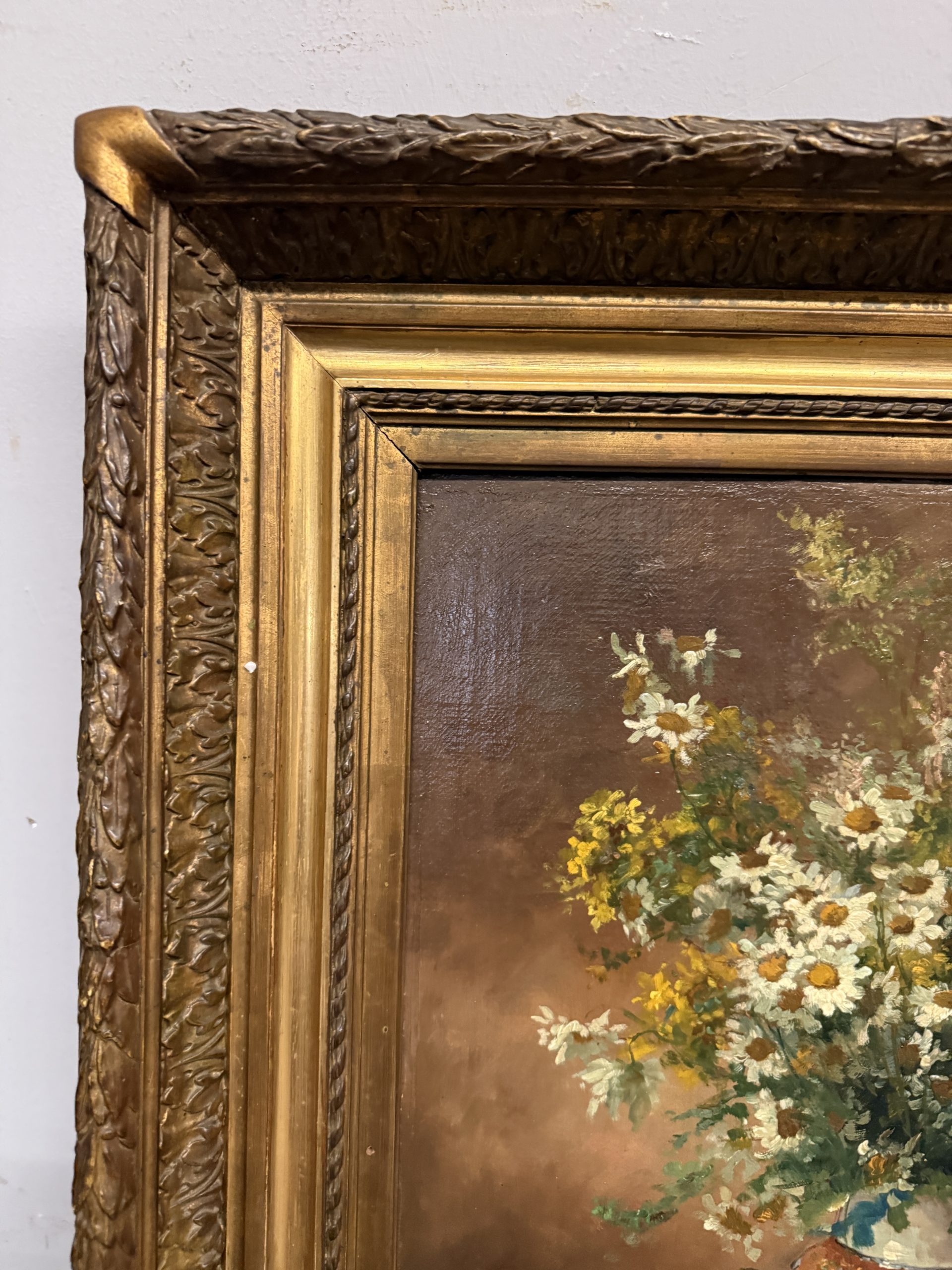 Antico dipinto olio su tela Fiori Francia '900 Buorgeout con cornice , 78x67cm - immagine 11