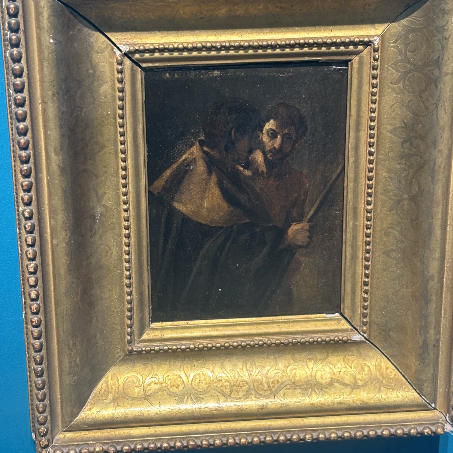 Antico dipinto olio su tela XVII sec Barocco con personaggi. Mis 15 X 12,50 in cornice foglia oro antica. - immagine 2