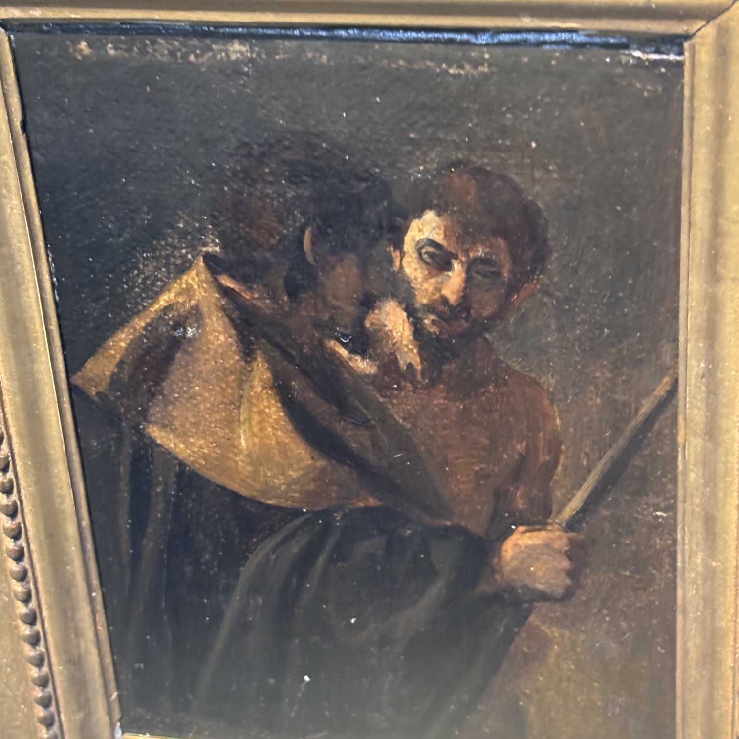 Antico dipinto olio su tela XVII sec Barocco con personaggi. Mis 15 X 12,50 in cornice foglia oro antica. - immagine 3