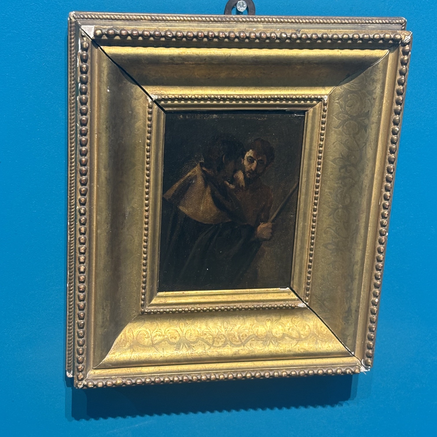 Antico dipinto olio su tela XVII sec Barocco con personaggi. Mis 15 X 12,50 in cornice foglia oro antica. - immagine 6