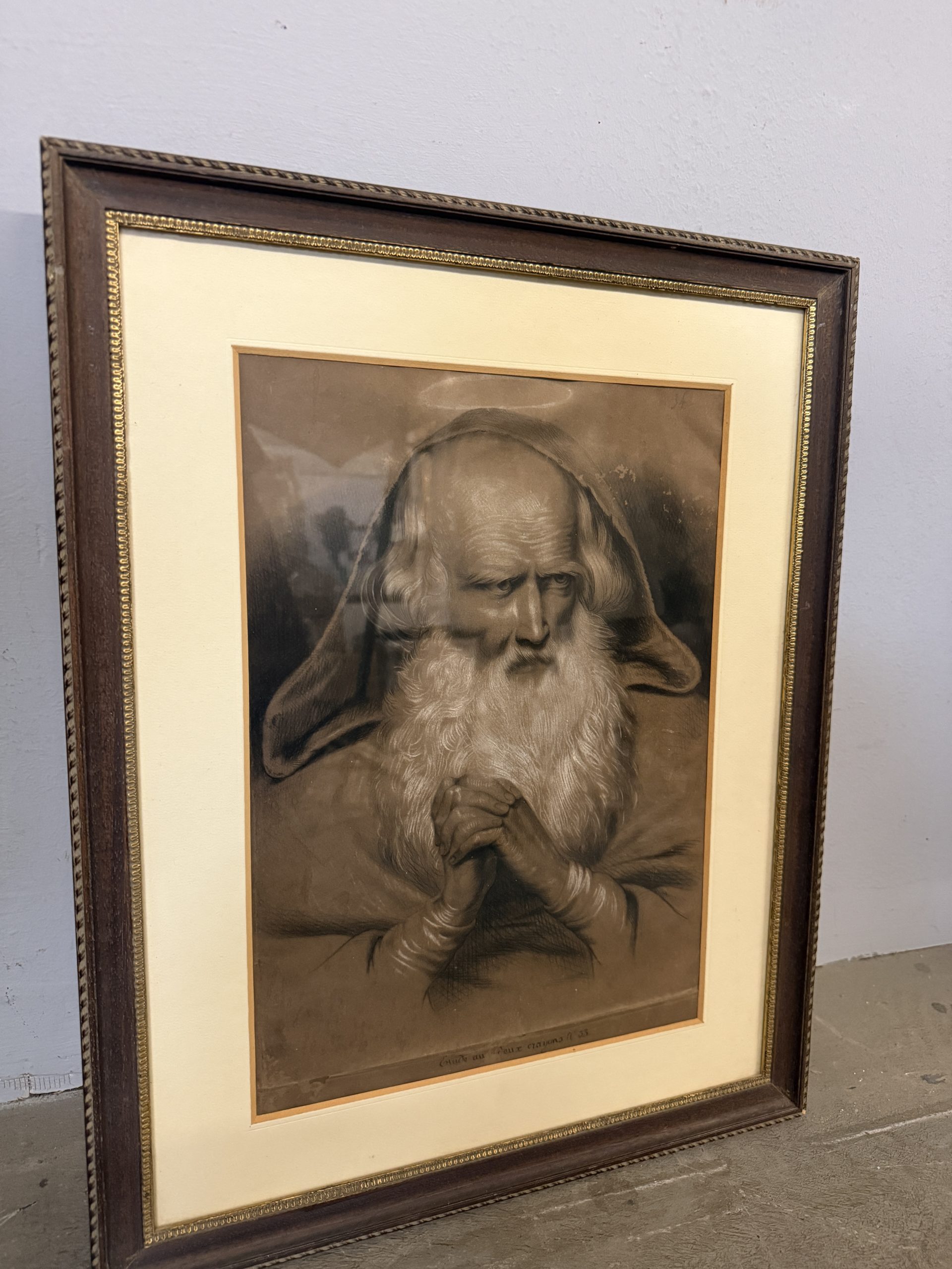 Antico disegno francese con eremita o santo XIX sec, 39x29cm - immagine 9