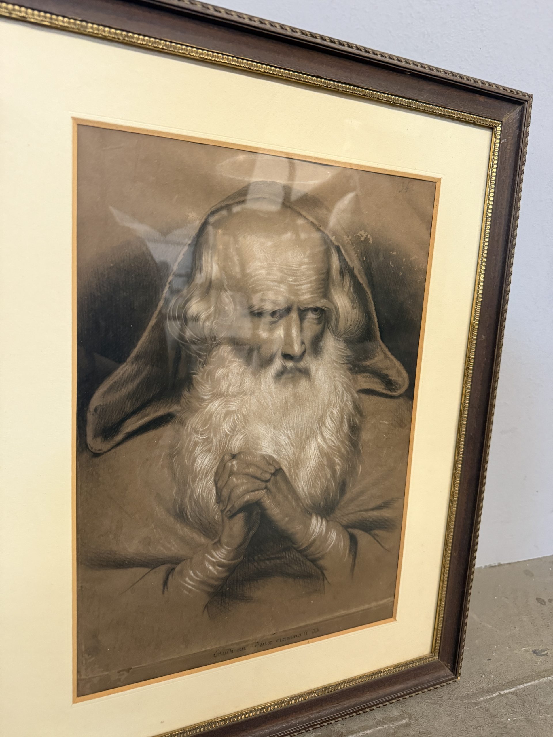 Antico disegno francese con eremita o santo XIX sec, 39x29cm - immagine 15