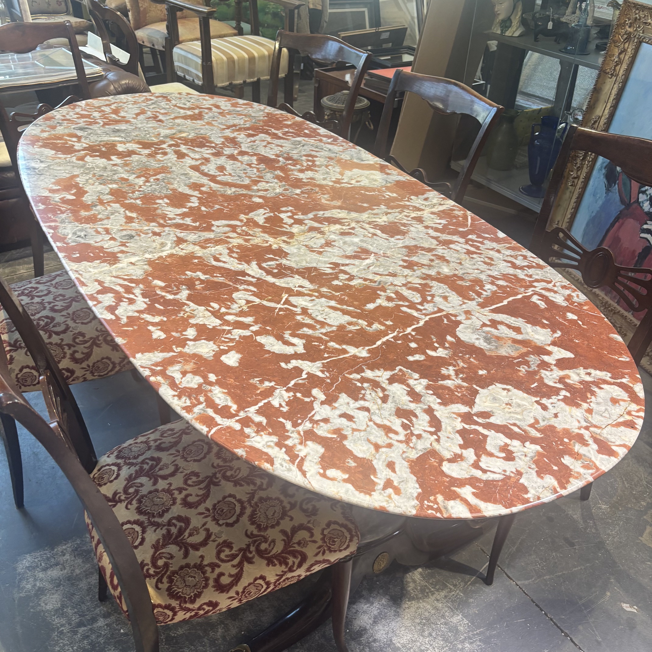 Tavolo in palissandro anni 50 mid century piano marmo rosso . Con sei sedie. Restaurato mis 200 x cm 95 - immagine 4