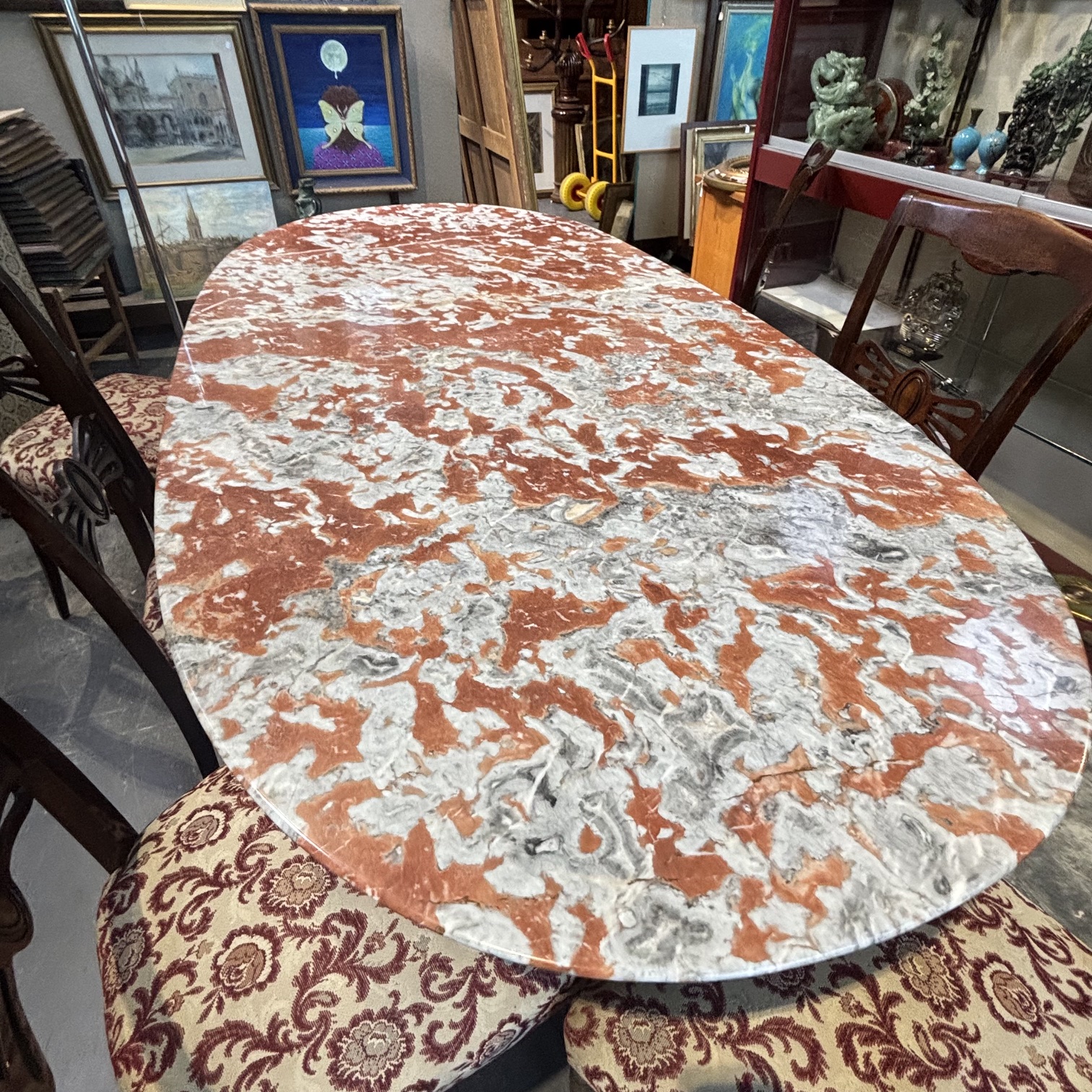Tavolo in palissandro anni 50 mid century piano marmo rosso . Con sei sedie. Restaurato mis 200 x cm 95 - immagine 8