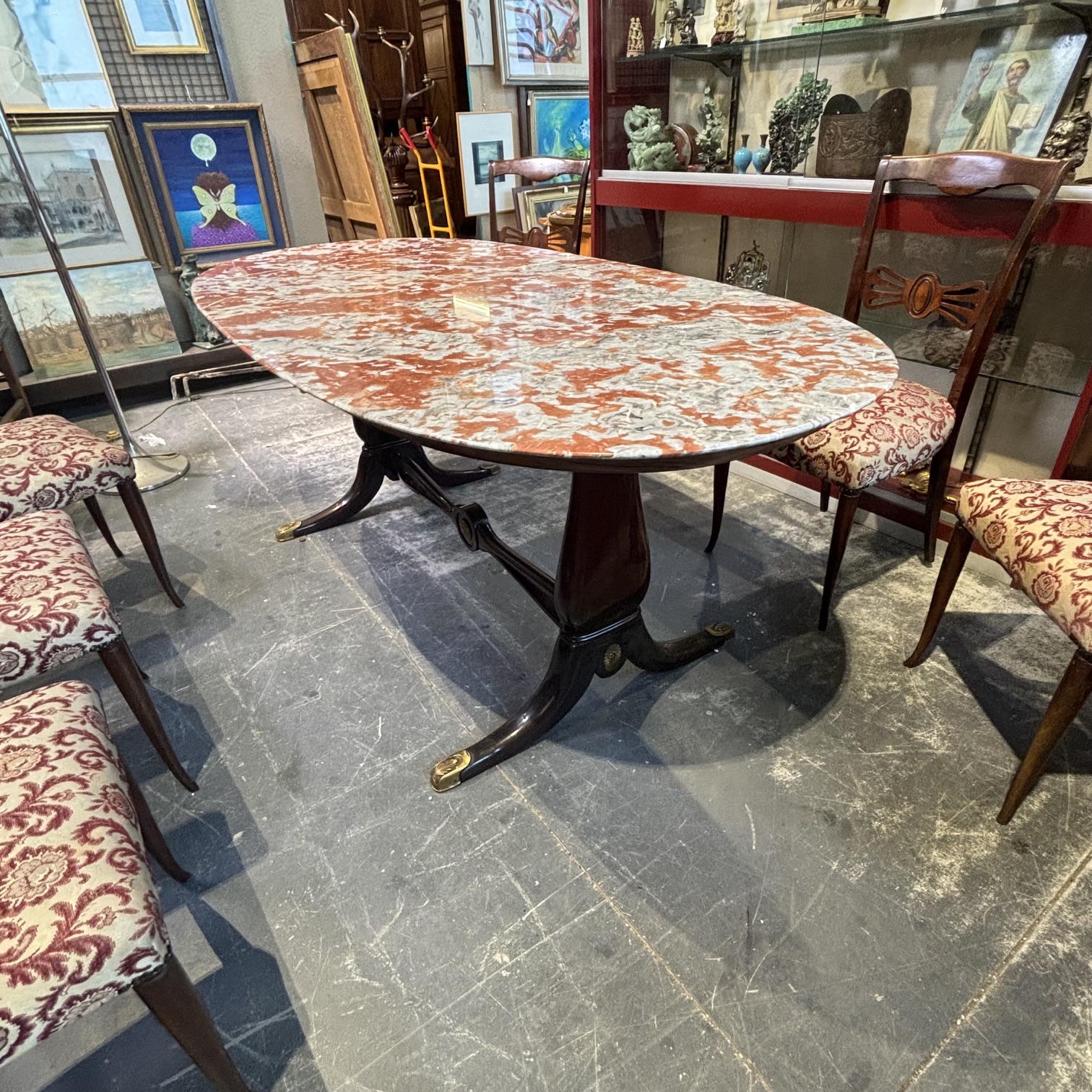 Tavolo in palissandro anni 50 mid century piano marmo rosso . Con sei sedie. Restaurato mis 200 x cm 95 - immagine 9