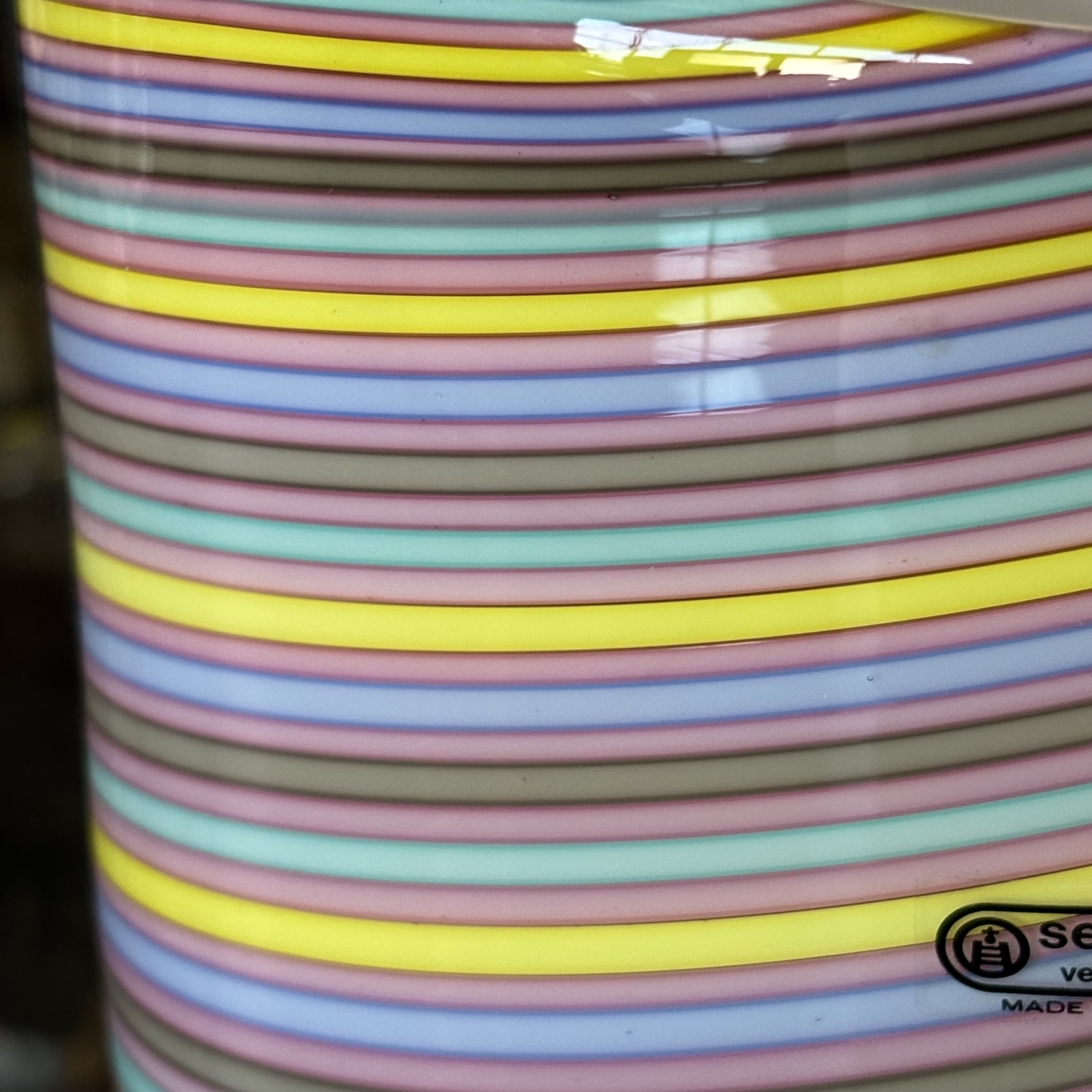 Grande Vaso vetro Murano anni 70 multicolor a strisce con etichetta originale Seguso . H 32 diametro cm 21. - immagine 4