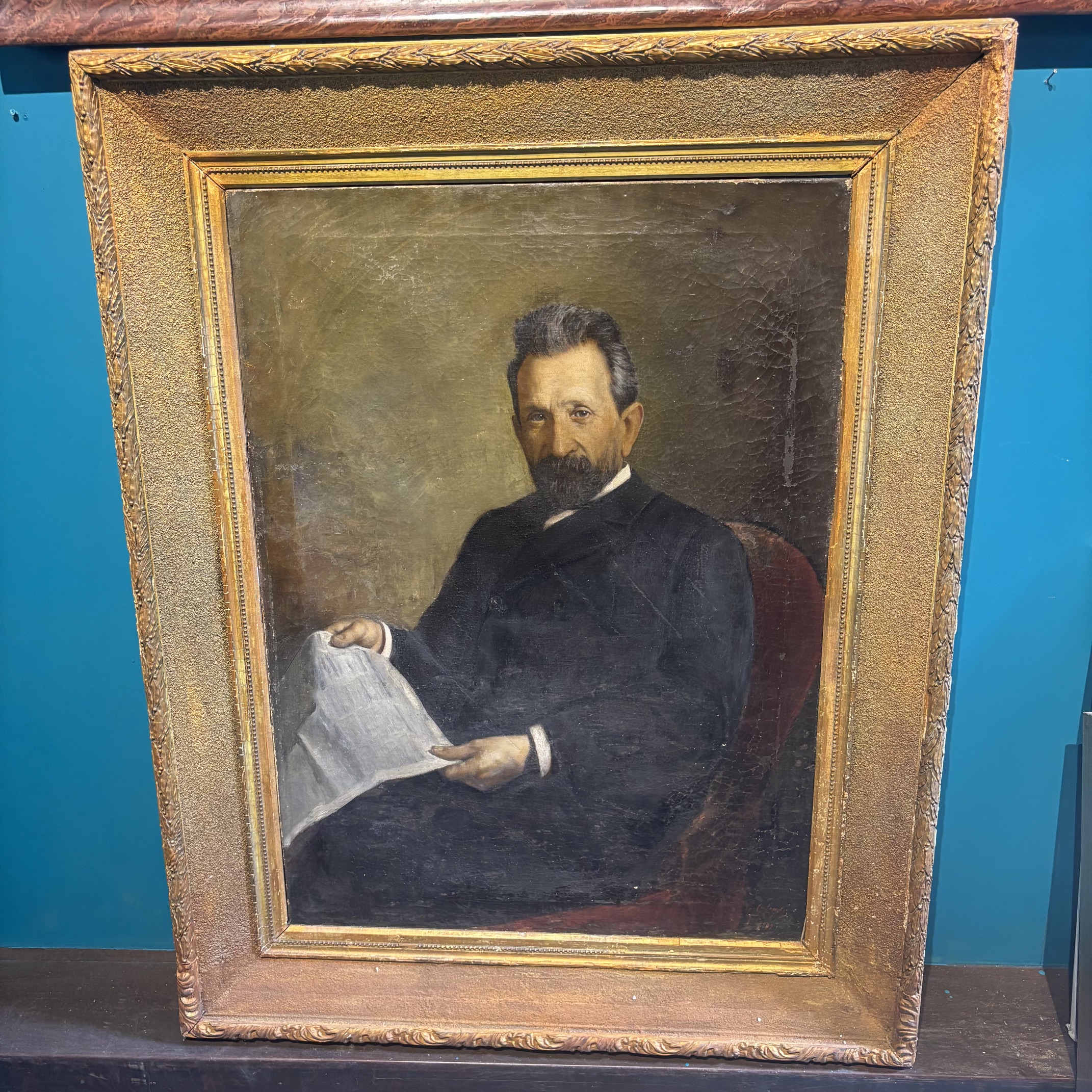 Antico dipinto olio di nobile, autore Giacomo Calegari Bergamo 1899 pittore verista . Mis 130x 105 - immagine 2