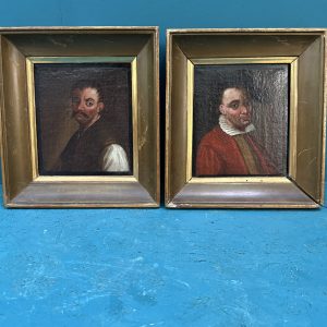 Antica coppia di dipinti ad olio su tela personaggi XIX sec, 29x27cm