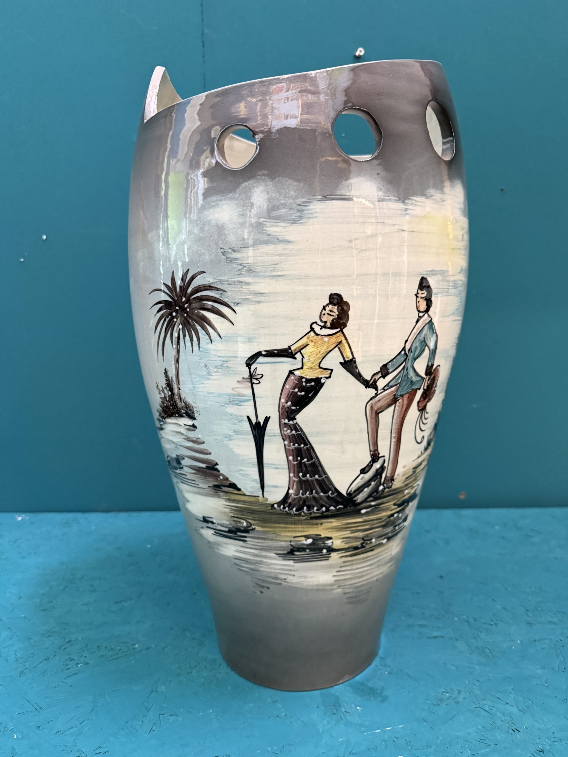 Vaso in ceramica portaombrelli dipinto, anni 50 mid century 49x24cm