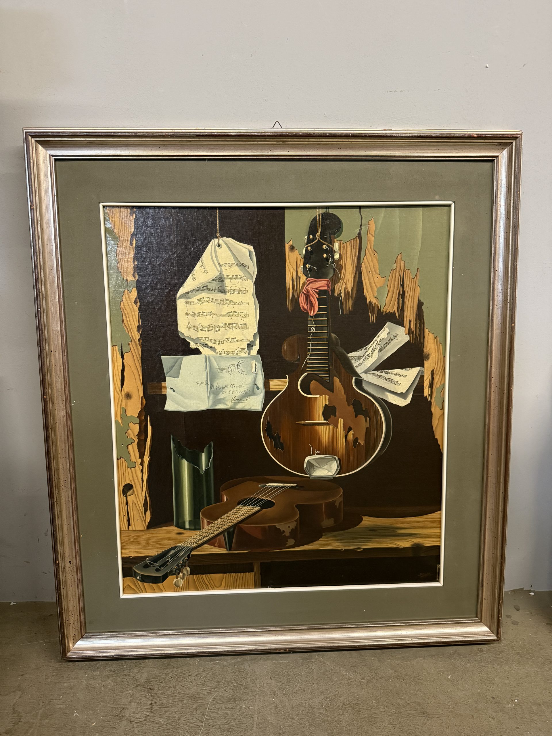 Dipinto olio su tela Rodolfo Gentili XX sec, "Chitarra e spartiti", 71x61 arte moderna e contemporanea
