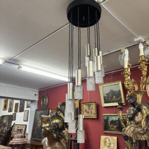 Lampadario Chandelier anni 70  a 10 Luci ondulato metallo e bicchieri vetro.
