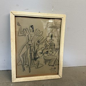 Antico disegno "Ballerina e suonatore" Gino Mugnai 1934, 27x21cm