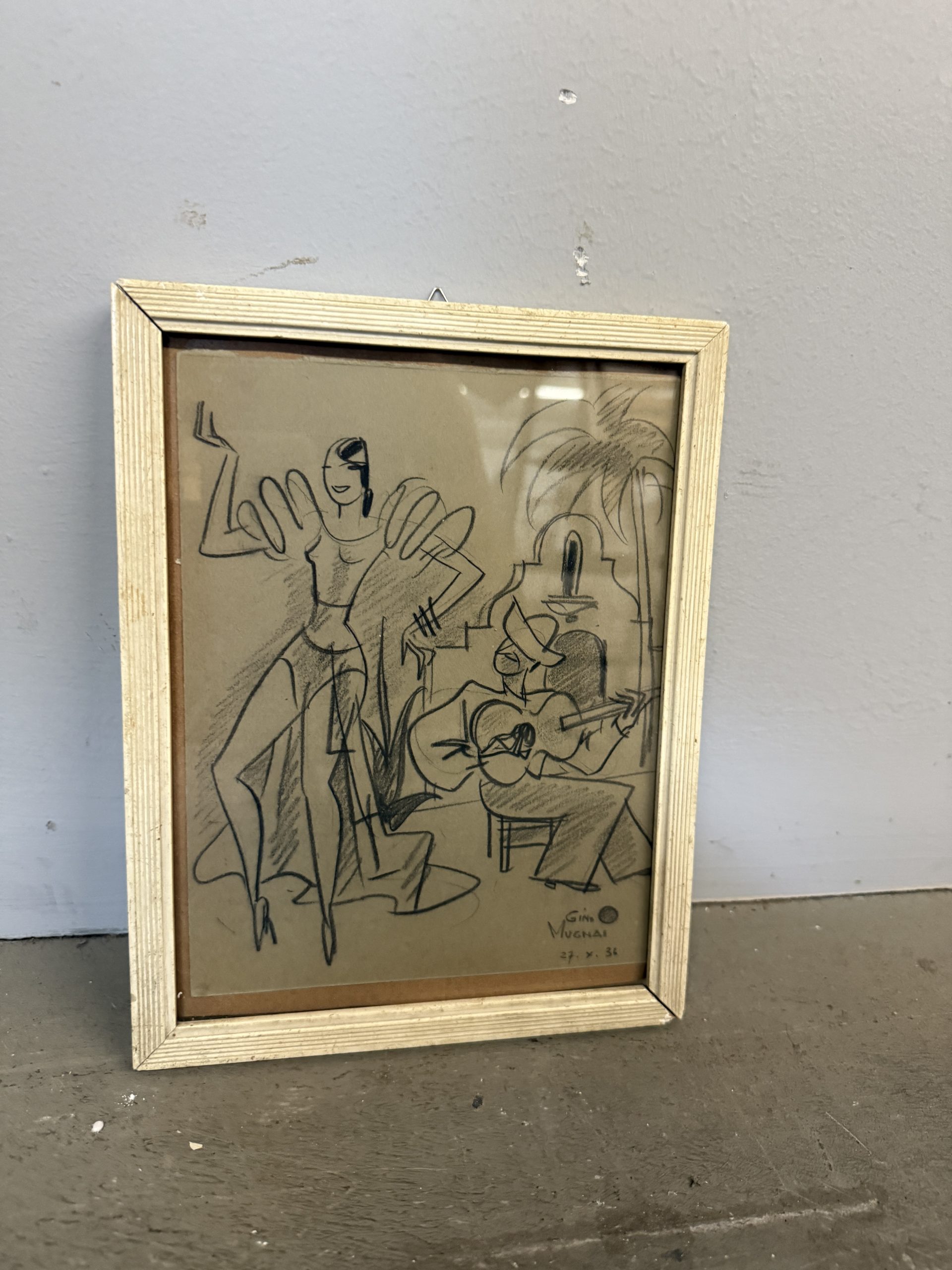 Antico disegno "Ballerina e suonatore" Gino Mugnai 1934, 27x21cm