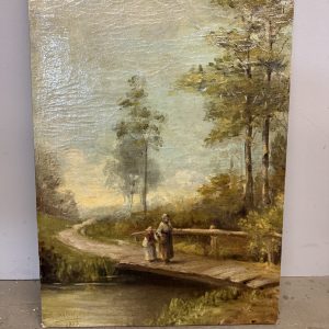 Antico dipinto paesaggio e personaggi XIX sec, olio su tela 59x42cm