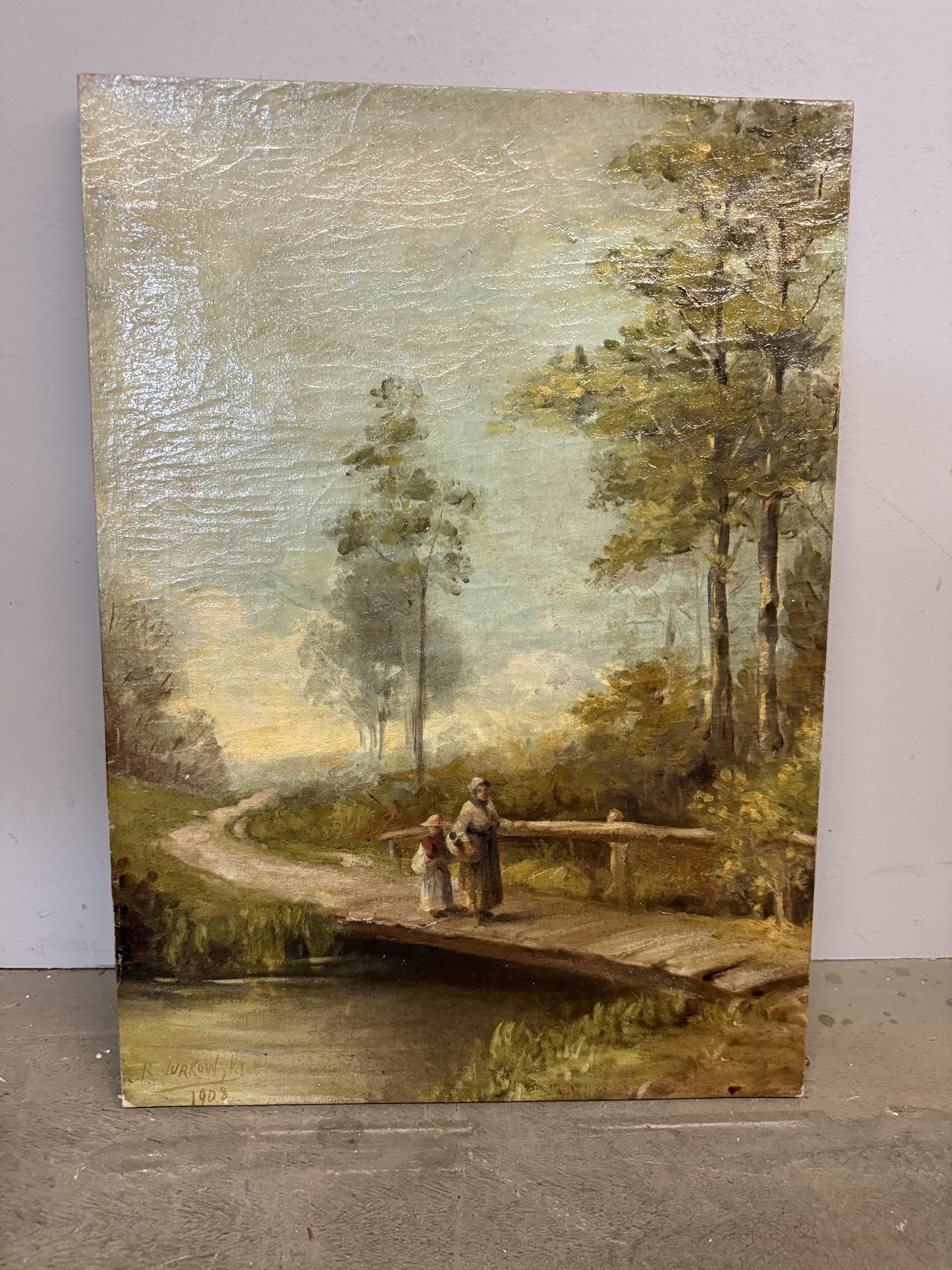 Antico dipinto paesaggio e personaggi XIX sec, olio su tela 59x42cm