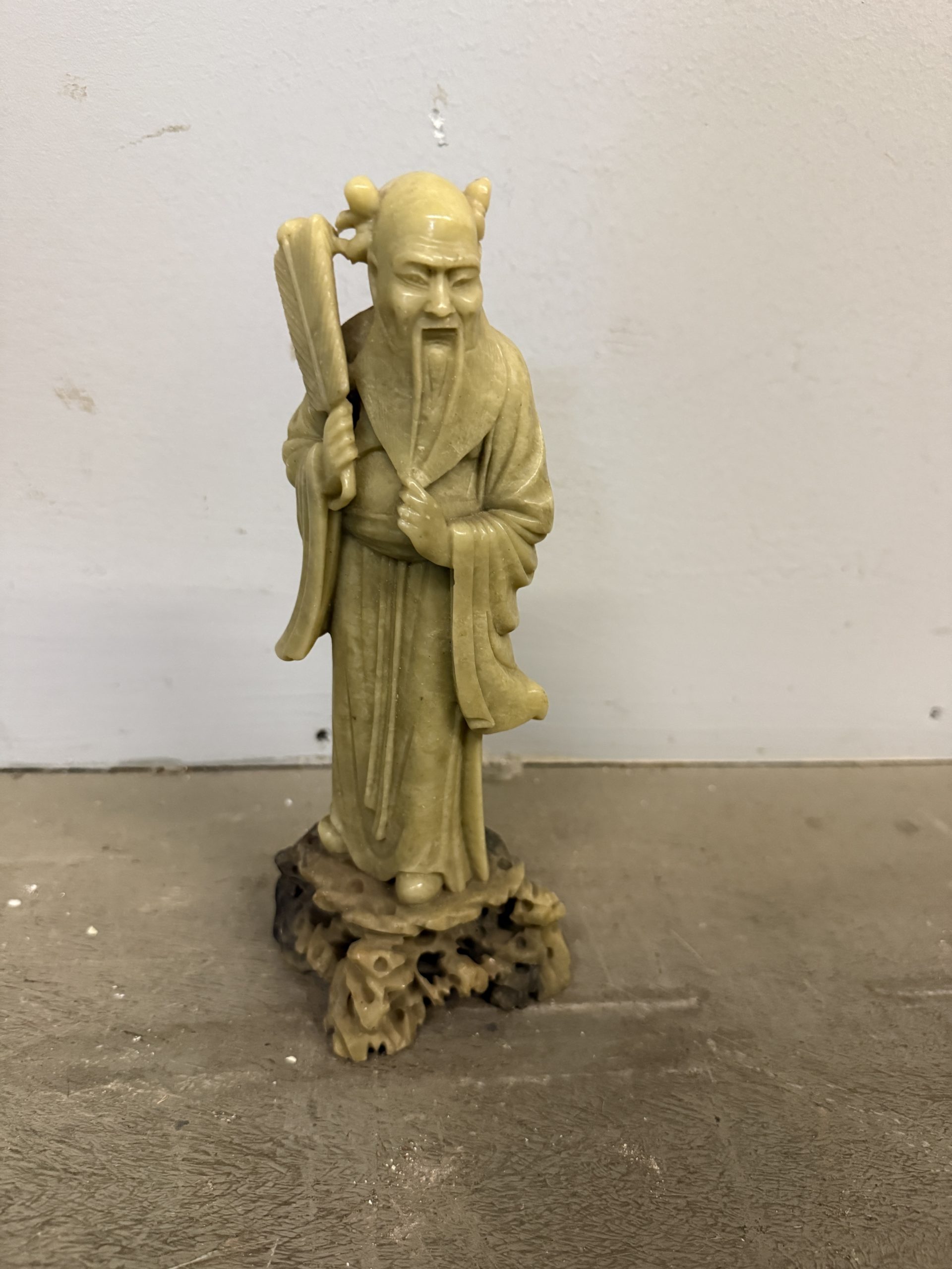 Vecchia scultura cinese in pietra saponaria raffigurante Shou Lao 26x12cm