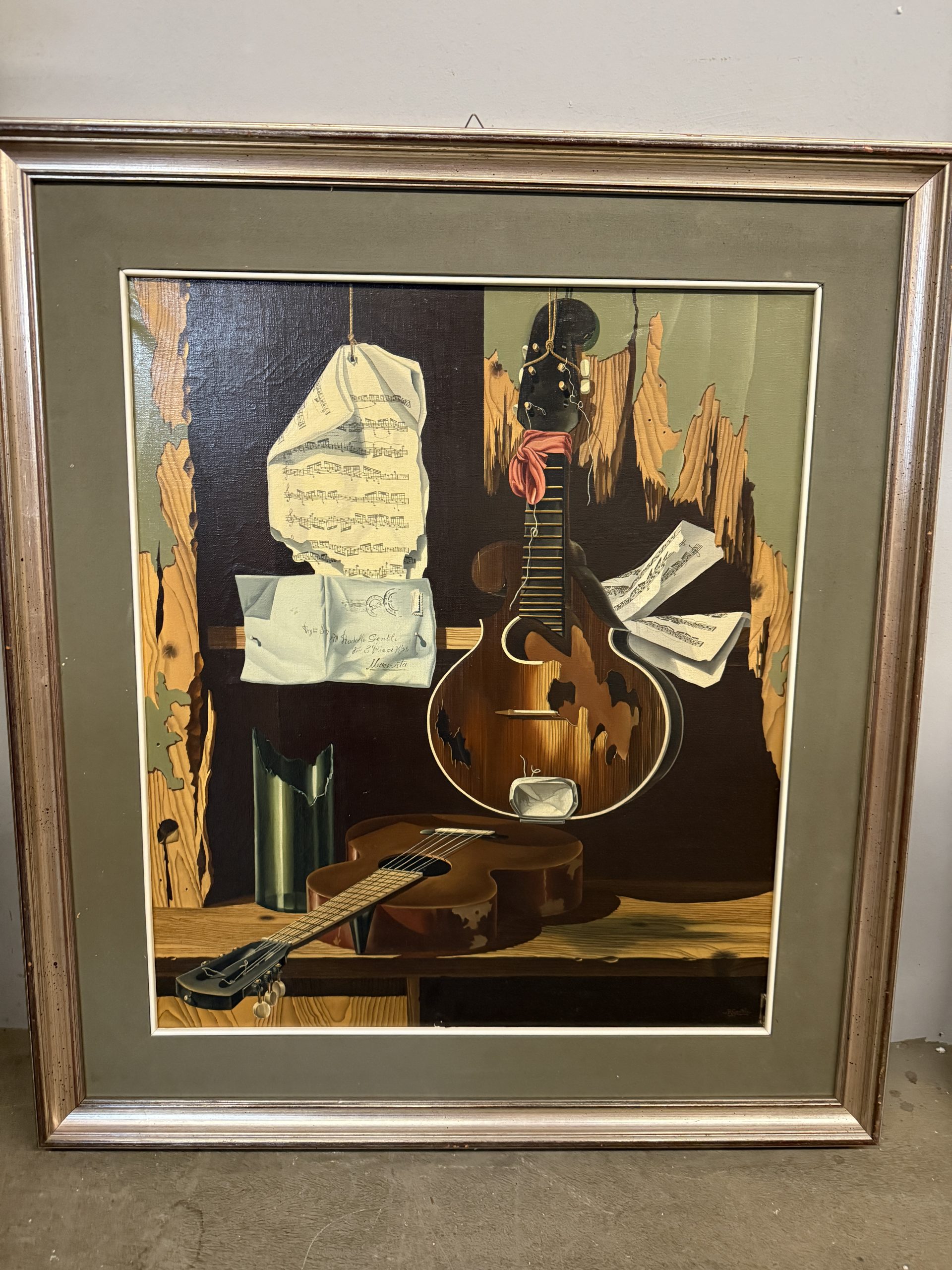 Dipinto olio su tela Rodolfo Gentili XX sec, "Chitarra e spartiti", 71x61 arte moderna e contemporanea - immagine 2
