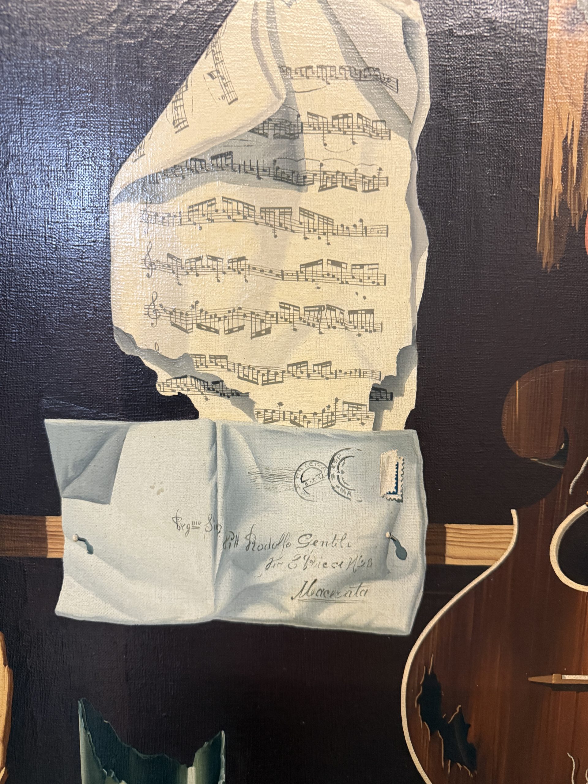 Dipinto olio su tela Rodolfo Gentili XX sec, "Chitarra e spartiti", 71x61 arte moderna e contemporanea - immagine 4