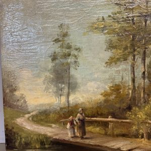 Alternative view of Antico dipinto paesaggio e personaggi XIX sec, olio su tela 59x42cm
