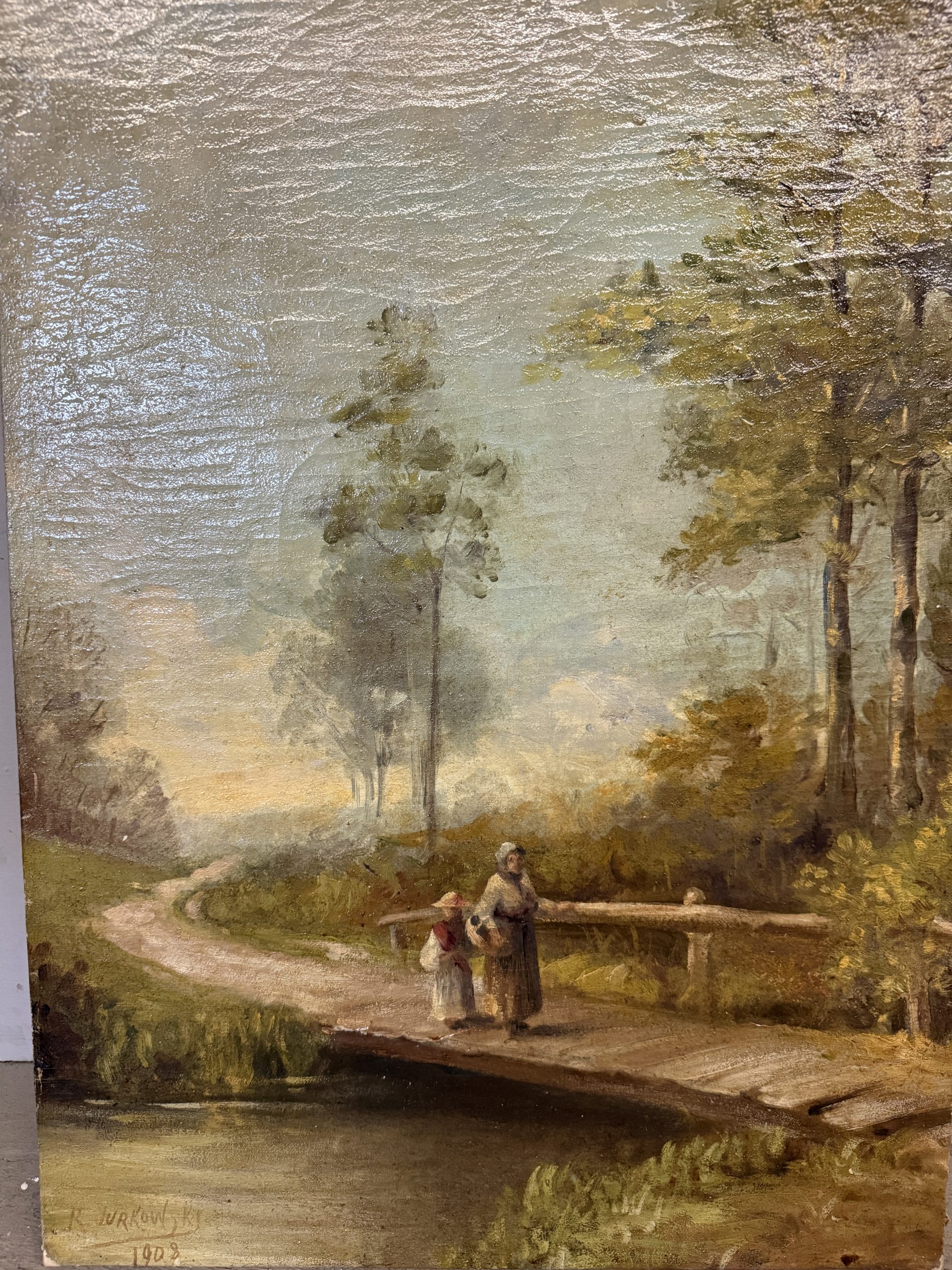 Antico dipinto paesaggio e personaggi XIX sec, olio su tela 59x42cm - immagine 2