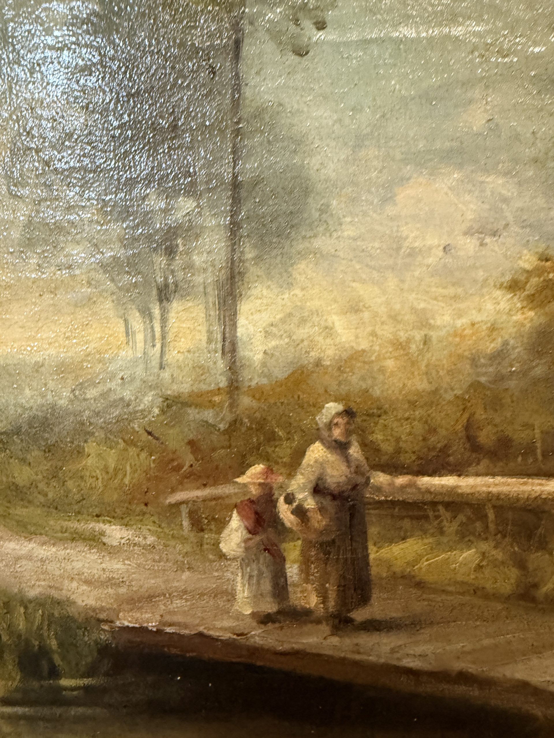 Antico dipinto paesaggio e personaggi XIX sec, olio su tela 59x42cm - immagine 3