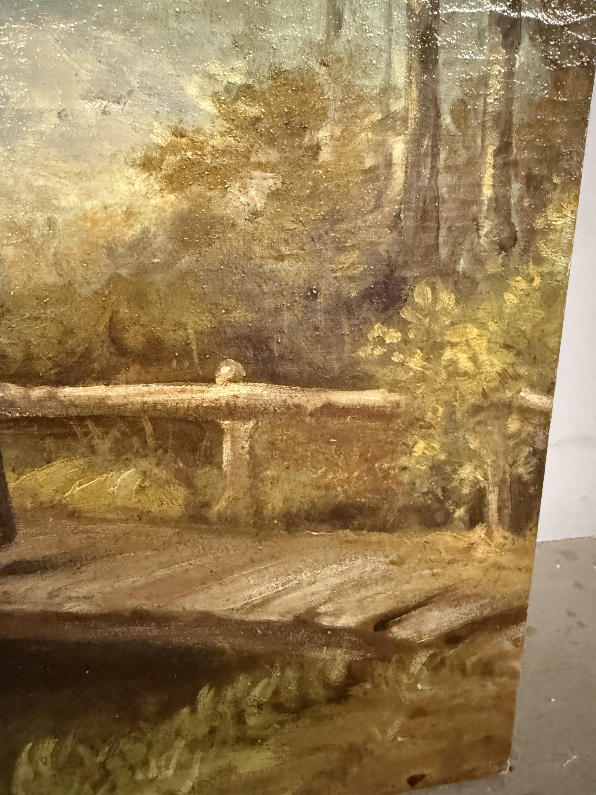 Antico dipinto paesaggio e personaggi XIX sec, olio su tela 59x42cm - immagine 4