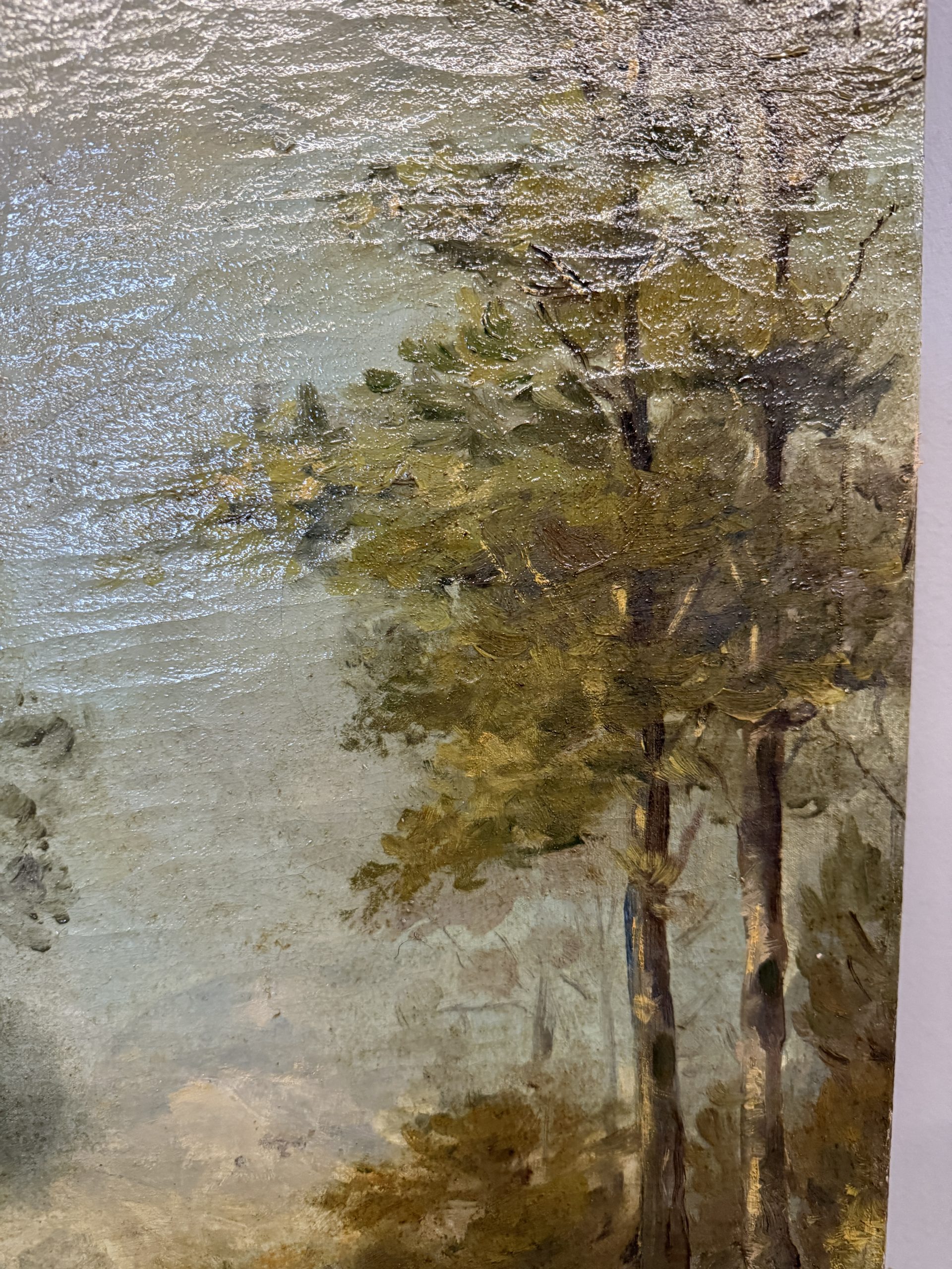 Antico dipinto paesaggio e personaggi XIX sec, olio su tela 59x42cm - immagine 5