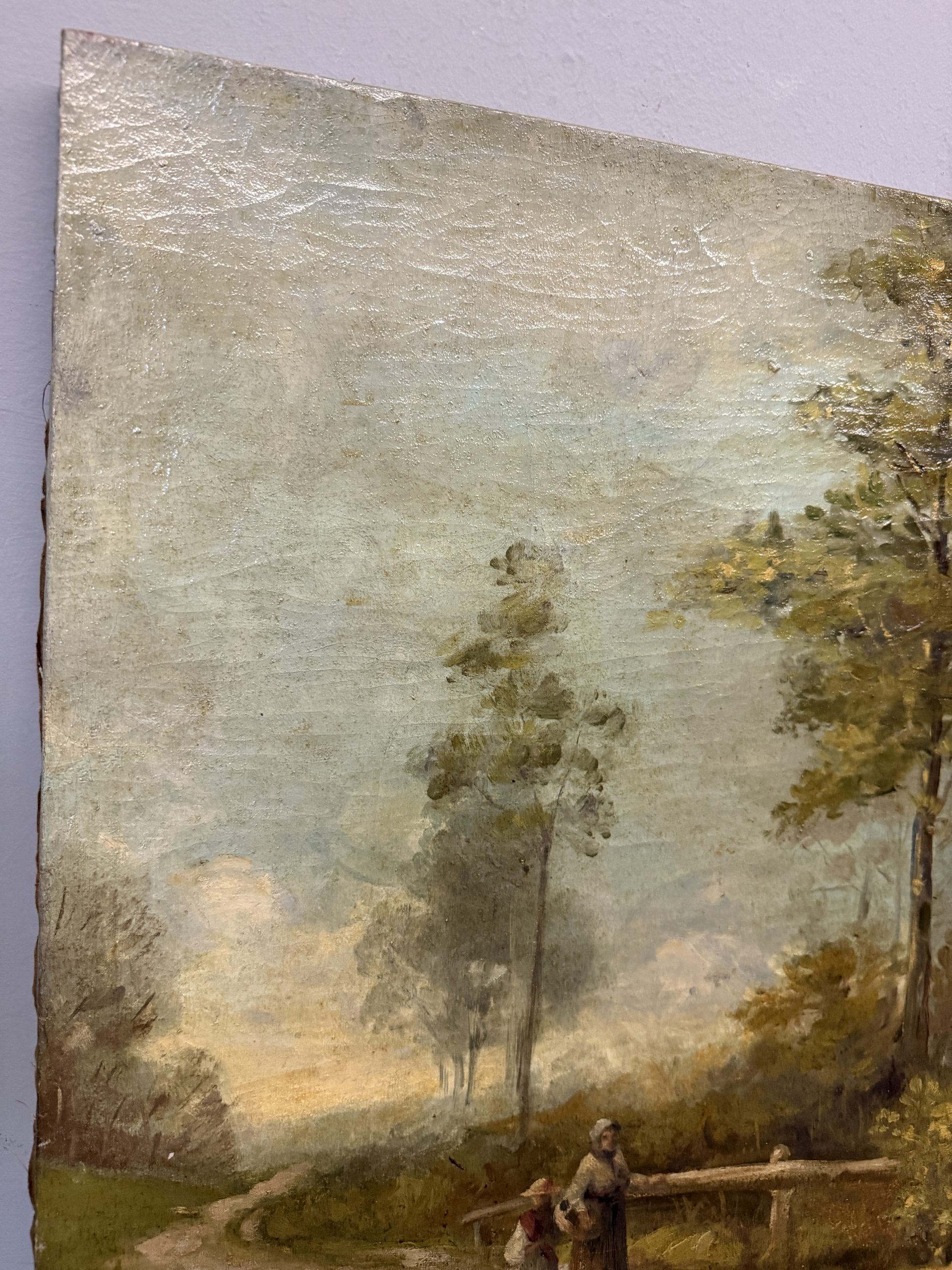 Antico dipinto paesaggio e personaggi XIX sec, olio su tela 59x42cm - immagine 6
