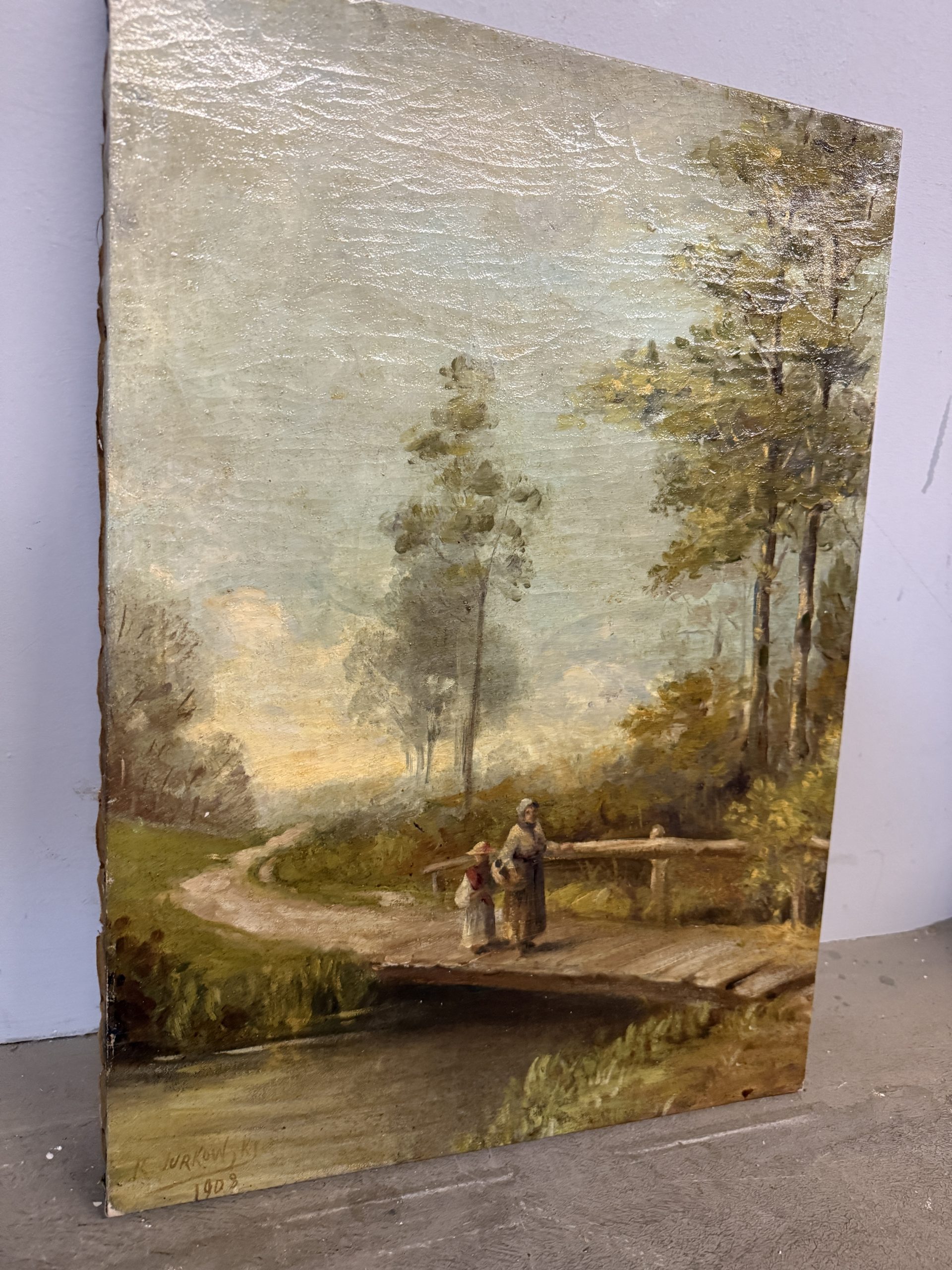 Antico dipinto paesaggio e personaggi XIX sec, olio su tela 59x42cm - immagine 7