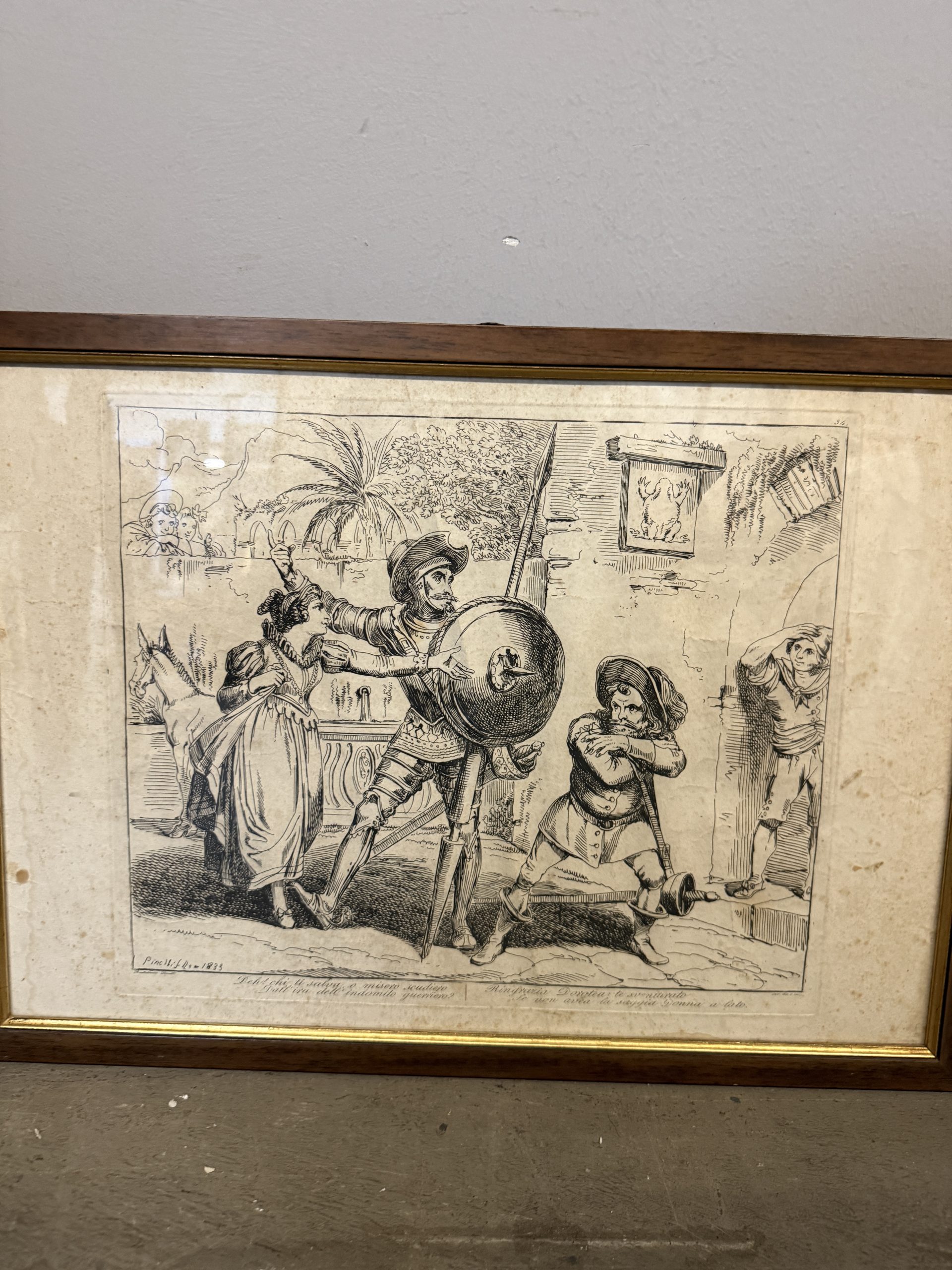 Antica incisione 1833 DON CHISCIOTTE Bartolomeo Pinelli (1771-1835), 34x37cm - immagine 2