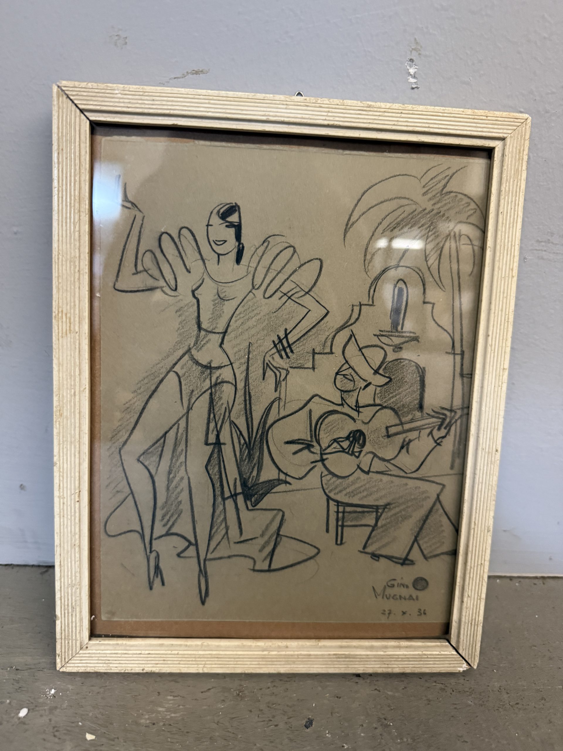 Antico disegno "Ballerina e suonatore" Gino Mugnai 1934, 27x21cm - immagine 2