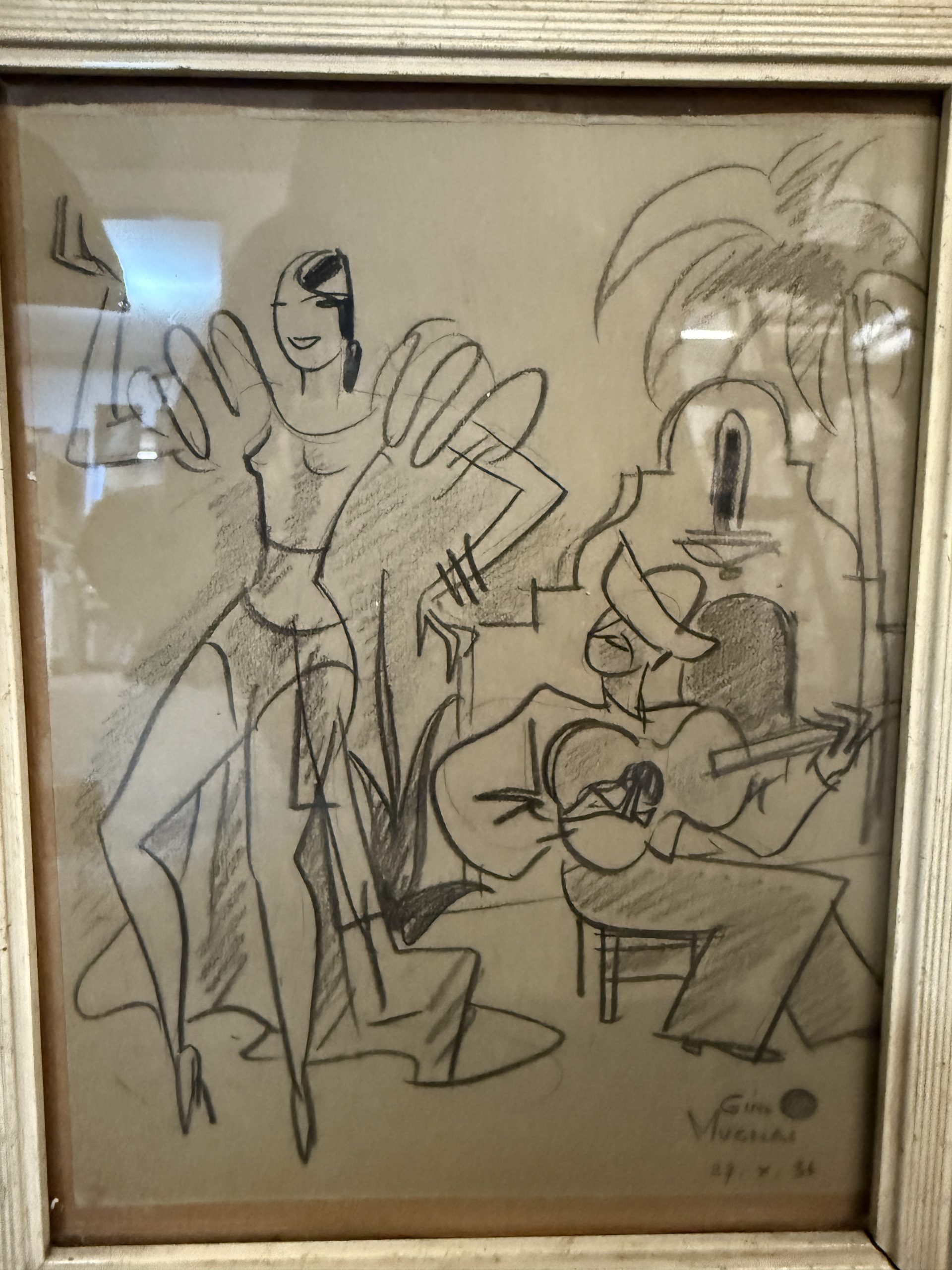 Antico disegno "Ballerina e suonatore" Gino Mugnai 1934, 27x21cm - immagine 3