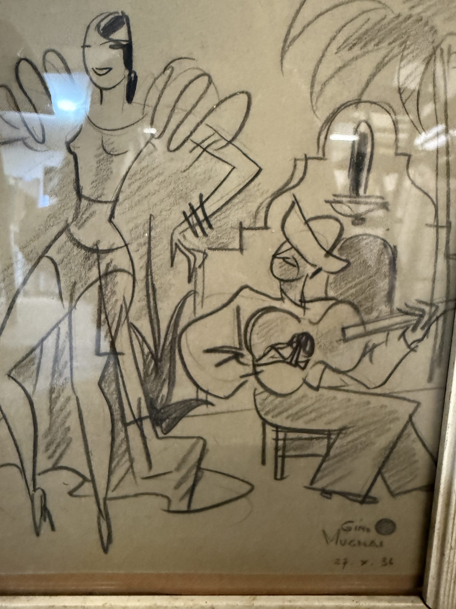 Antico disegno "Ballerina e suonatore" Gino Mugnai 1934, 27x21cm - immagine 4