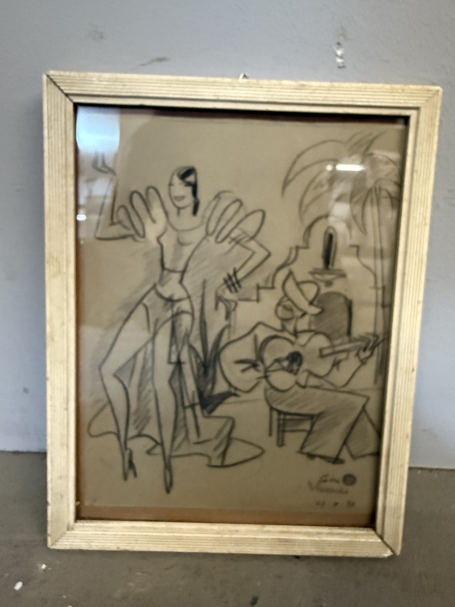 Antico disegno "Ballerina e suonatore" Gino Mugnai 1934, 27x21cm - immagine 6