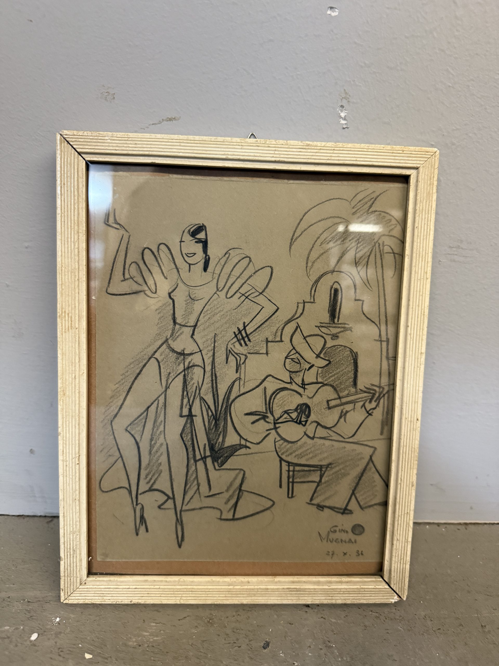 Antico disegno "Ballerina e suonatore" Gino Mugnai 1934, 27x21cm - immagine 7