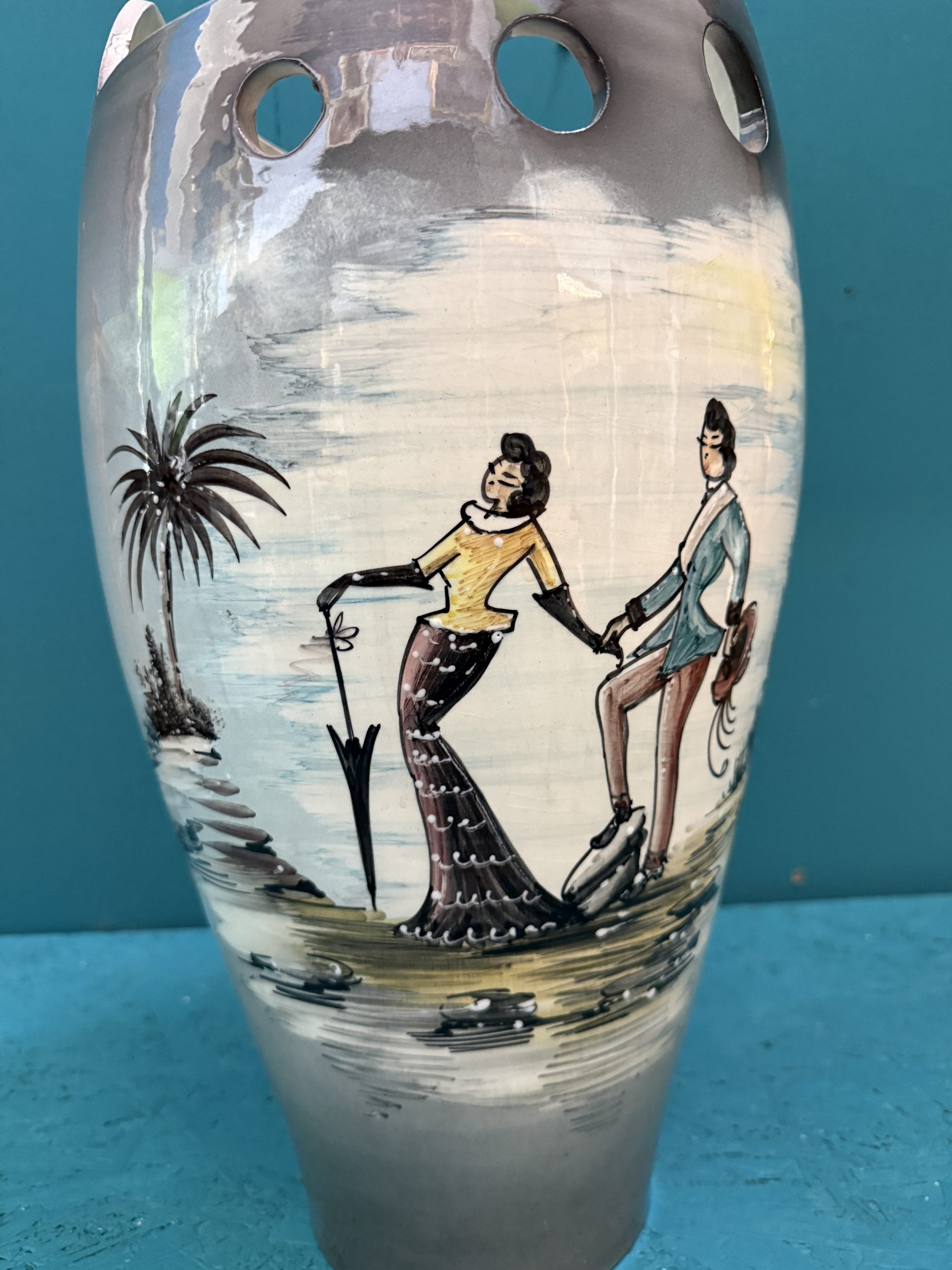 Vaso in ceramica portaombrelli dipinto, anni 50 mid century 49x24cm - immagine 2