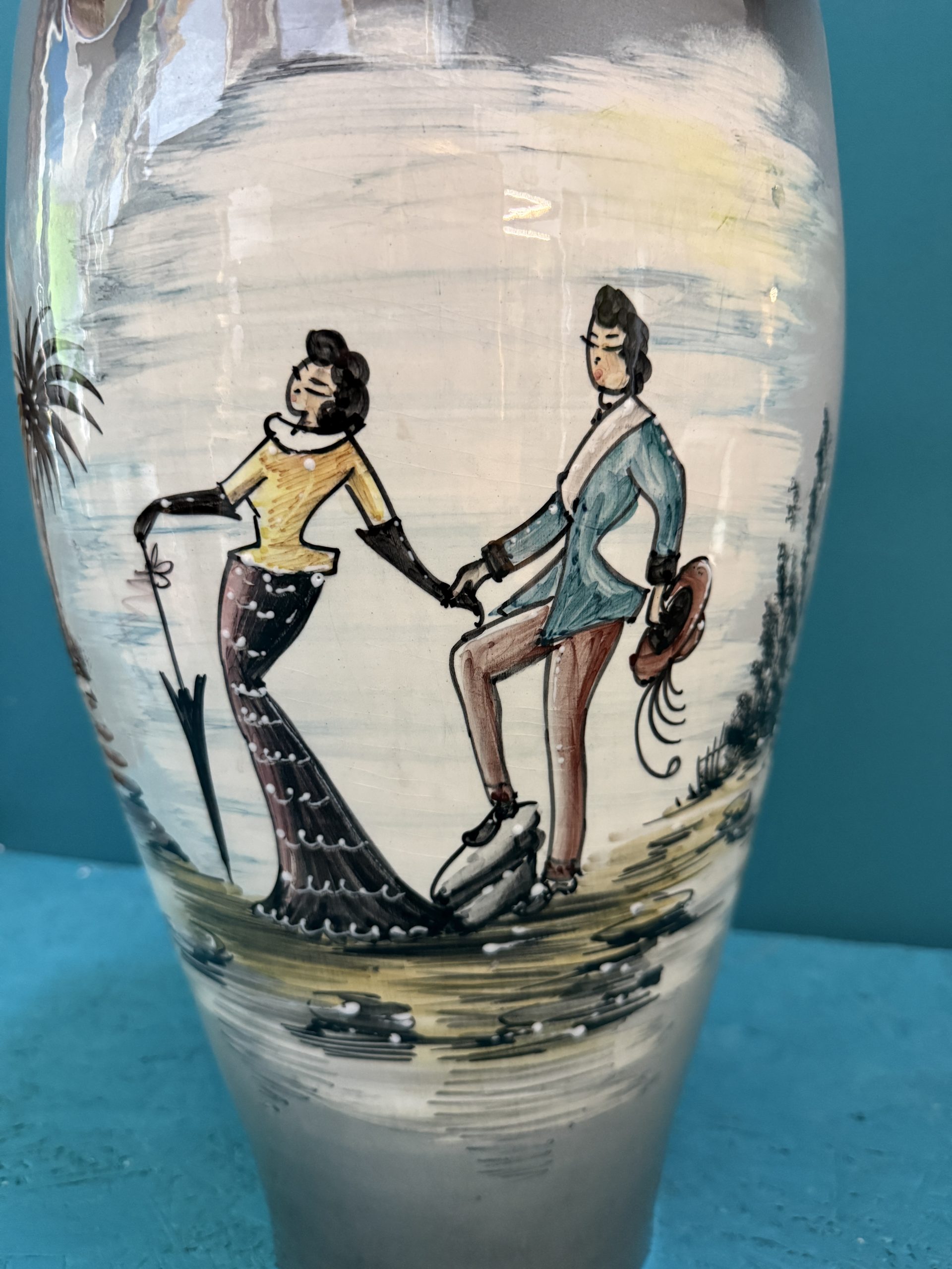 Vaso in ceramica portaombrelli dipinto, anni 50 mid century 49x24cm - immagine 3