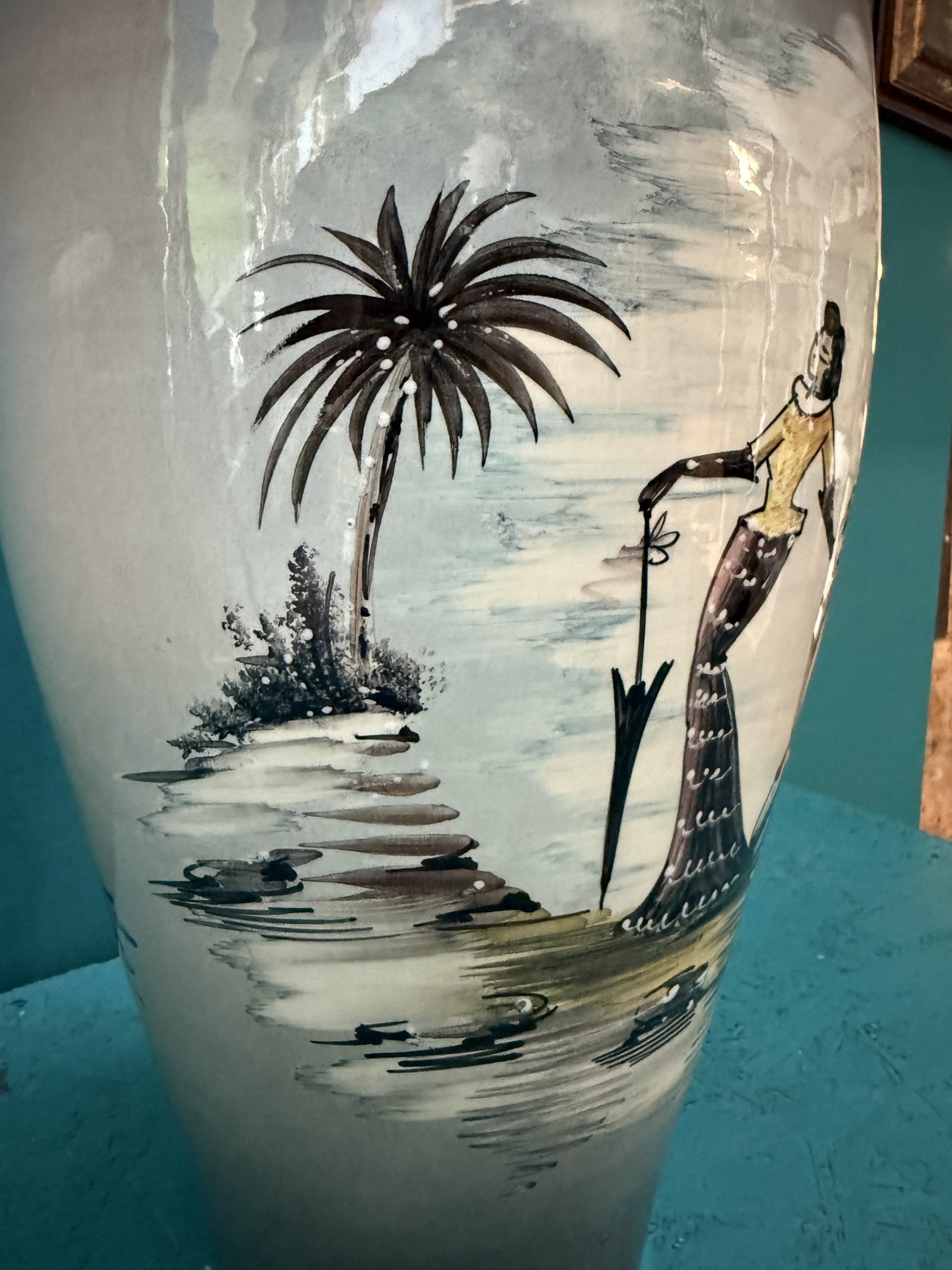 Vaso in ceramica portaombrelli dipinto, anni 50 mid century 49x24cm - immagine 5